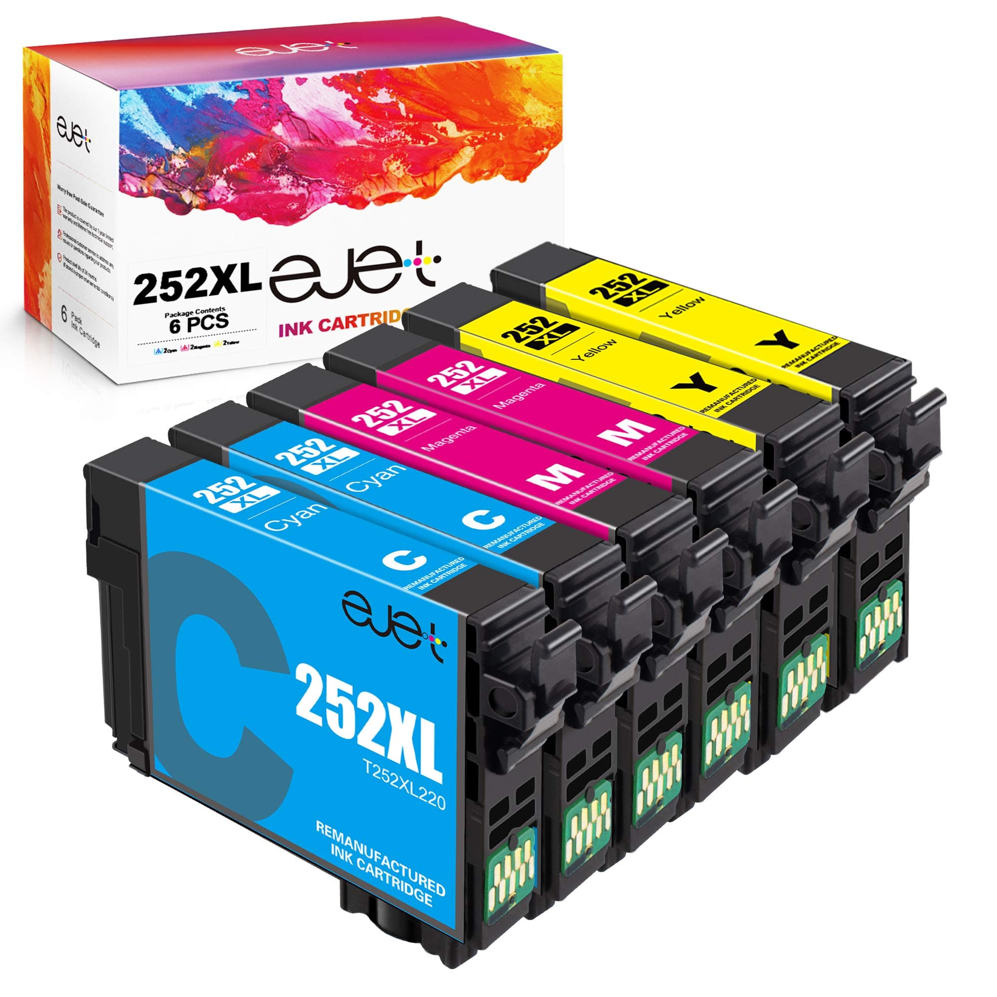 ejet 252XL Ink Cartridges Combo Pack Remanufactured Replacement for Epson 252 Ink Cartridges for Workforce WF-3620 WF-3640 WF-7110 WF-7610 WF-7620 WF-7710 WF-7720 (2 Cyan, 2 Magenta, 2 Yellow) 6 Pack