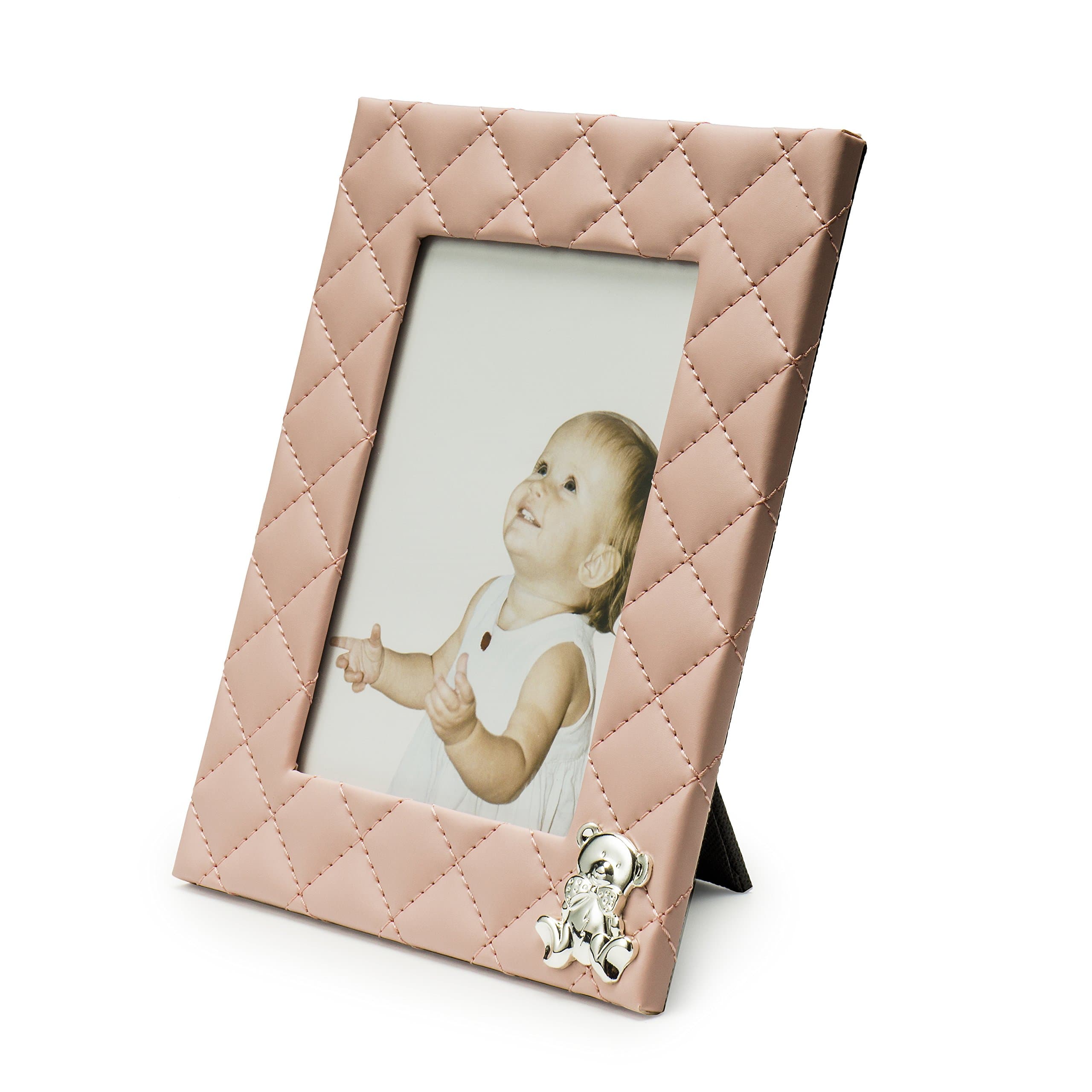 Modali Baby Fine & Elegant Pink Faux Leather Photo Frame 5x7" Adorned with Silver Plated Bear