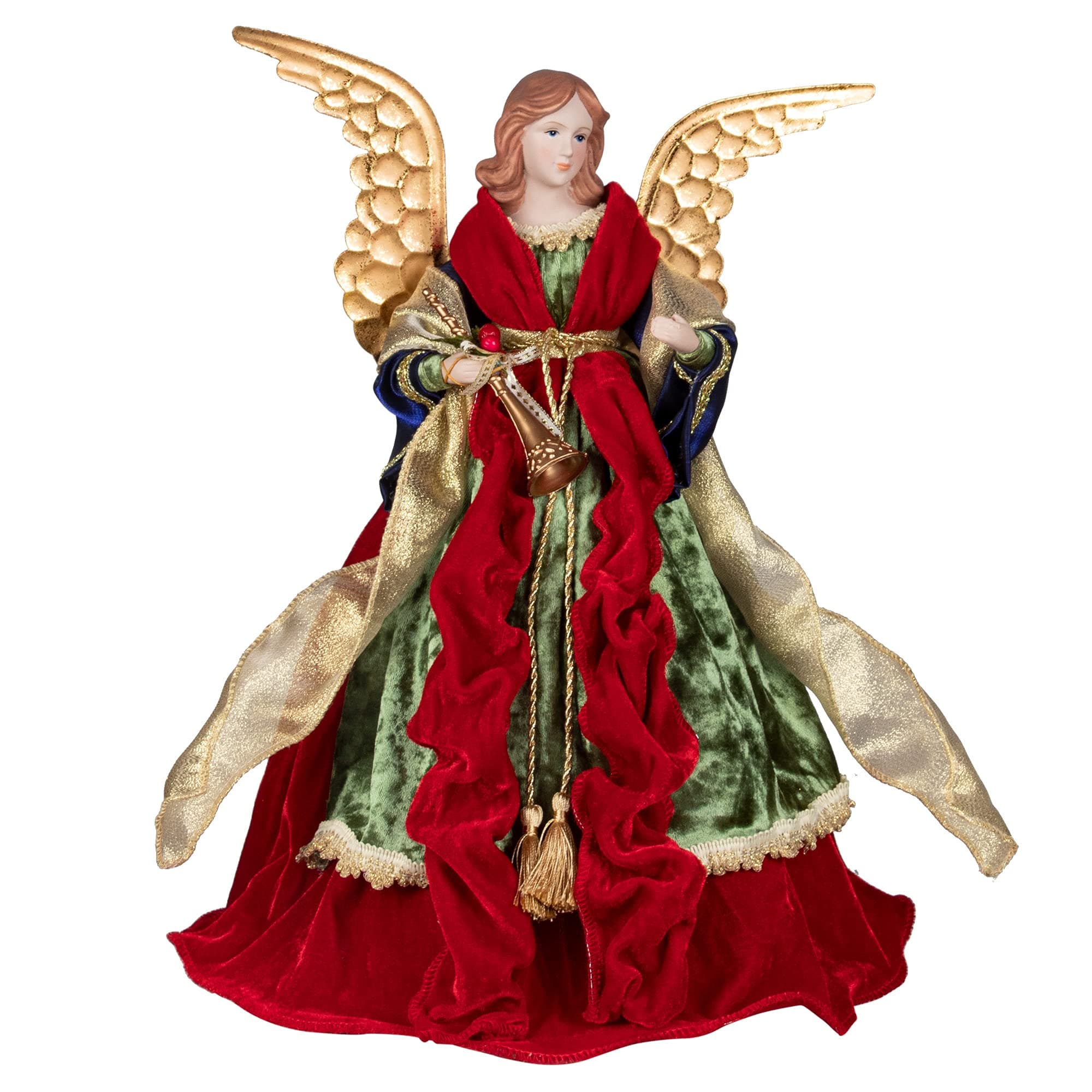 KI Store Angel Christmas Tree Topper 18-Inch Red Gold Green Angel Figurines Treetop Unlit for Christmas Decoration