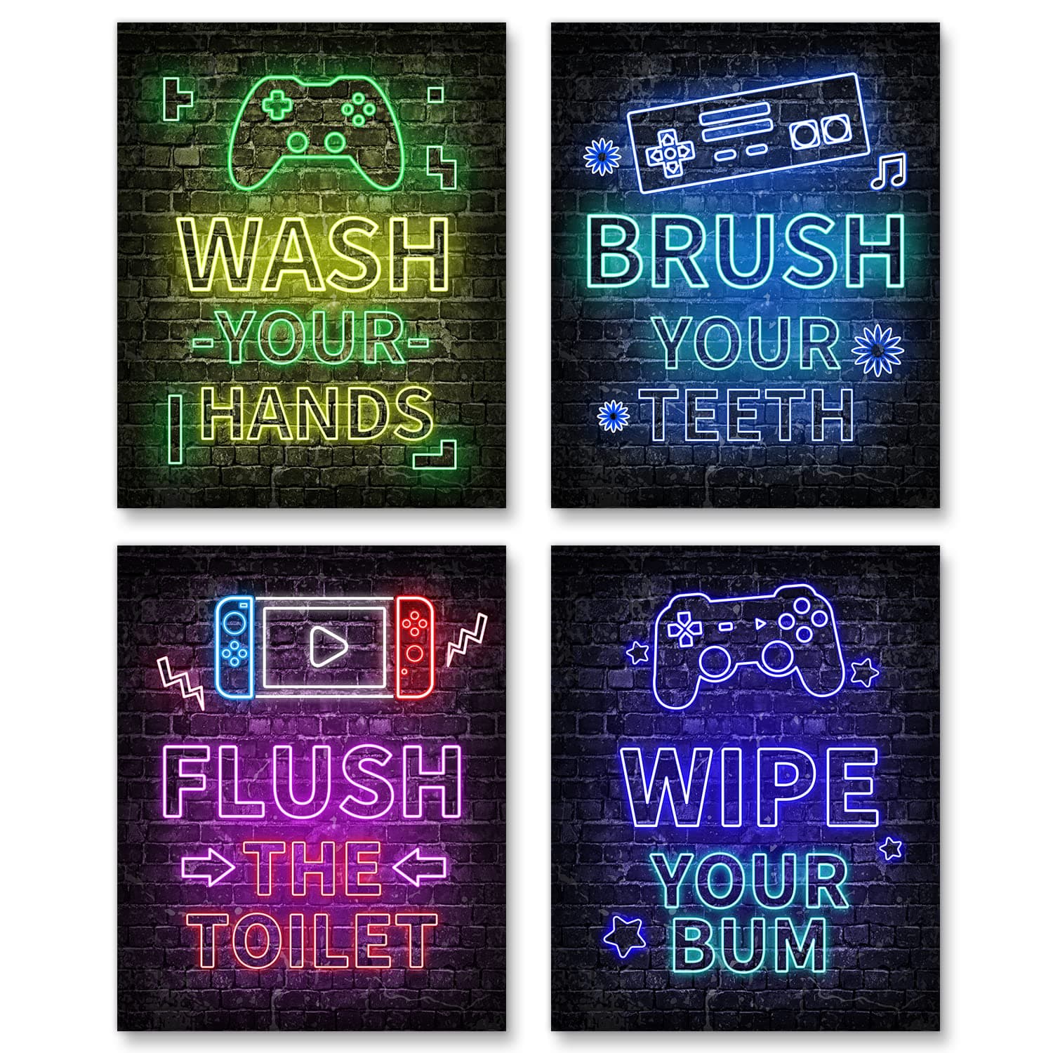Neon Video Game Decor Set of 4(8"x10"), Boys Room Decorations for bathroom, funny words Gaming Wall Art for Kids Boy lavatory Decor, gamer wall art, Teen boy bathroom, No Frames(4pack)