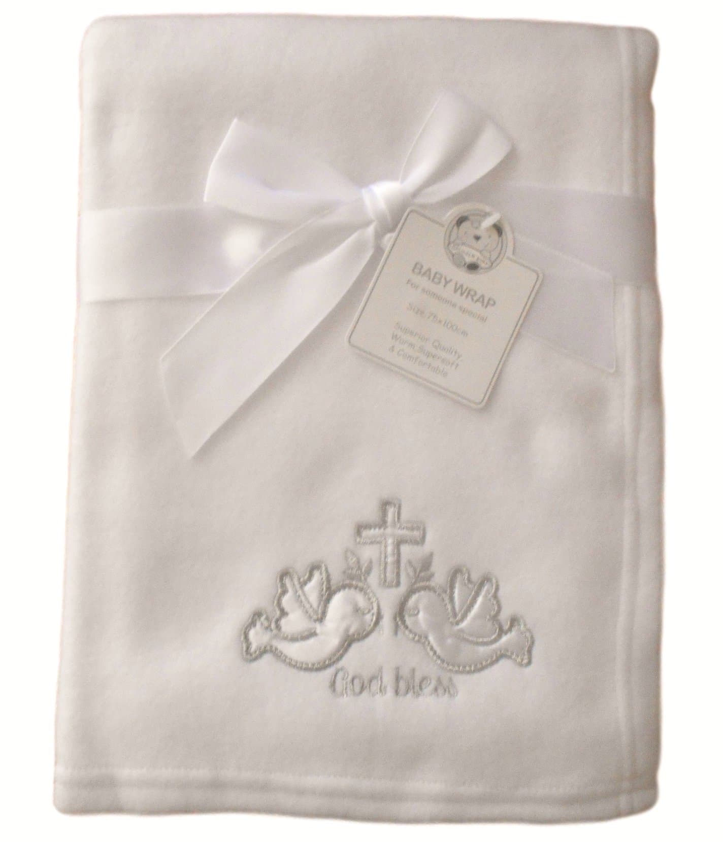 Baby White Silver God Bless Doves and Cross Wrap Blanket 100cm x 75cm Approx