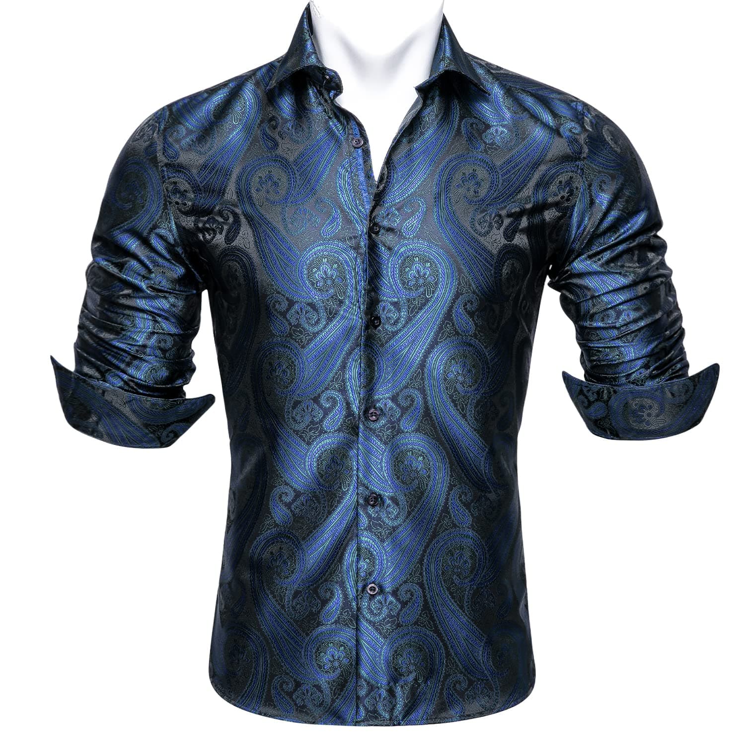 Barry.Wang Men Dress Shirt, Paisley Flower Woven Silk Regular Fit Long Sleeve Button Shirts Formal/Casual Daily