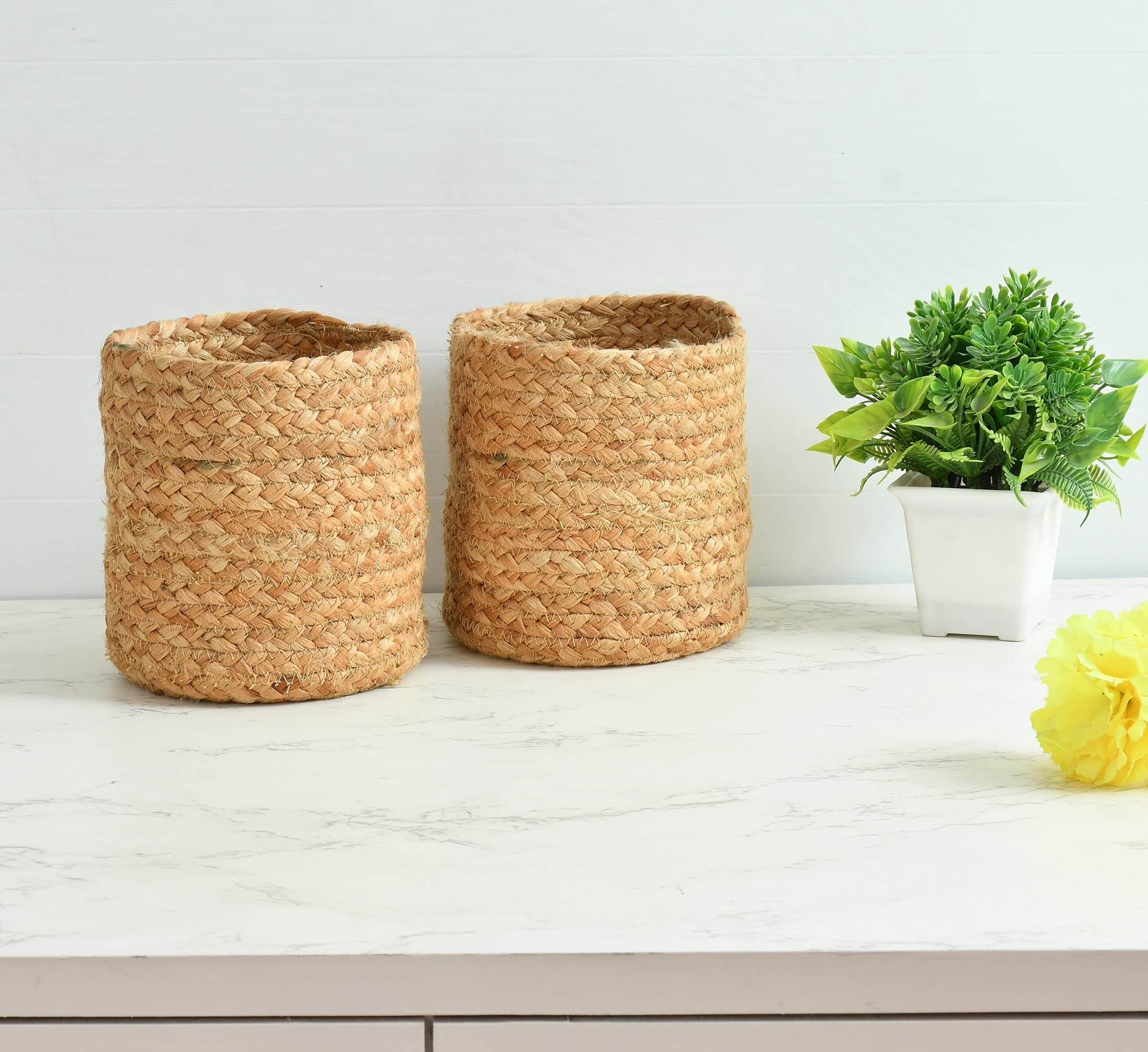 LaVichitra Braided Jute Baskets Planter Basket- Set Of 2 (6 Inch)-Beige, Round