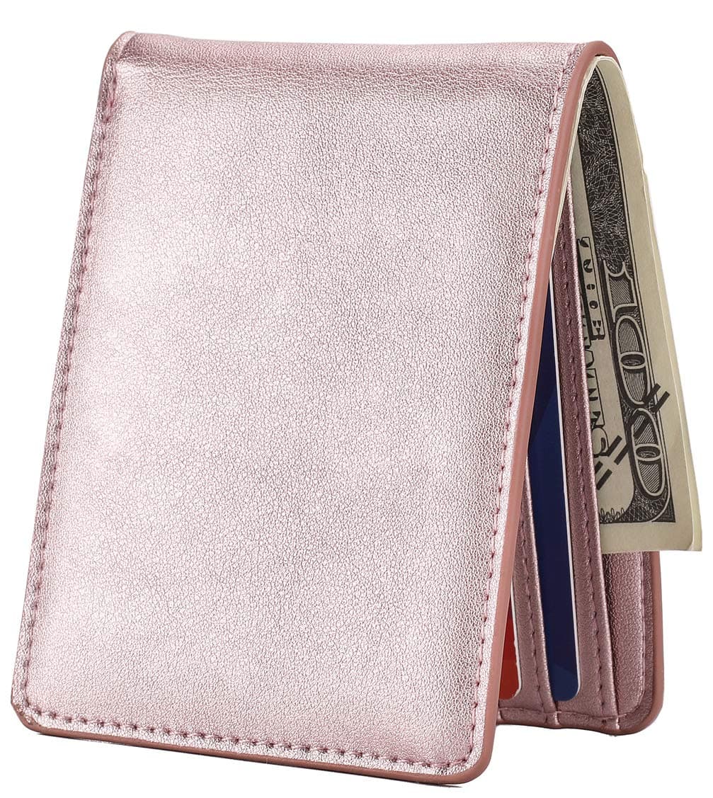 HISSIMOMens Slim Front Pocket Wallet ID Window Card Case with RFID Blocking - Rose Gold