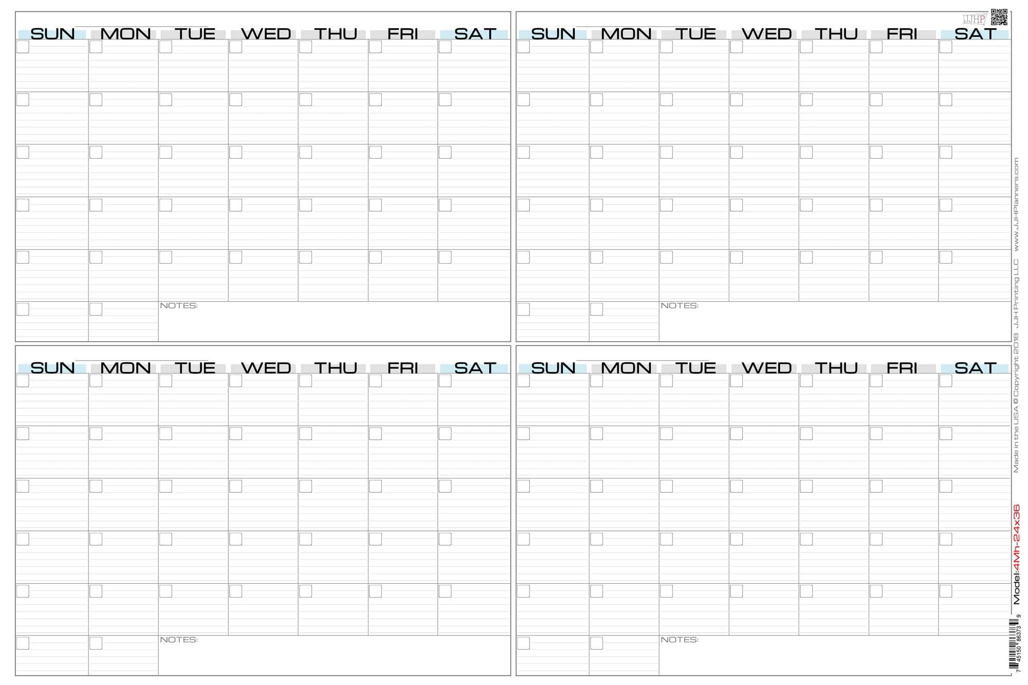 JJH Planners - Laminated Blank - 24" x 36" - Large - Erasable 4 Month Horizontal Wall Planner (4Mh-24x36)