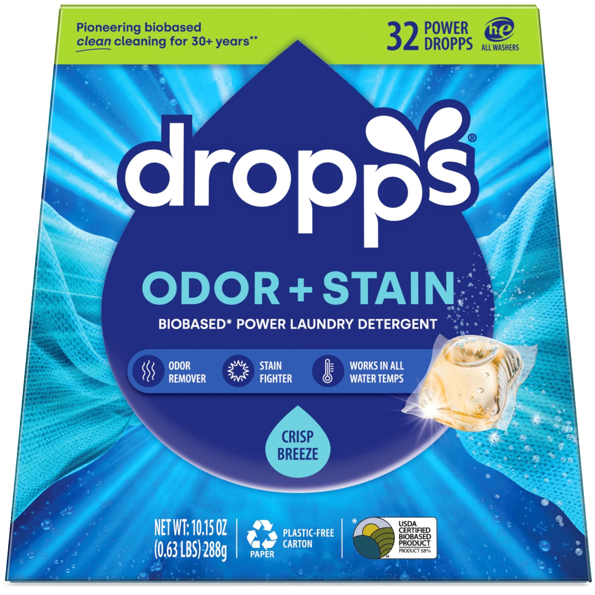 Dropps Stain & Odor Laundry Detergent Pods: Clean Scent | 32 Count | Deep Cleans Fabrics | Keeps Clothes Fresh | Prevents Odors | HE | Powered by Natural Plant-Based Ingredients | Low Waste Packaging