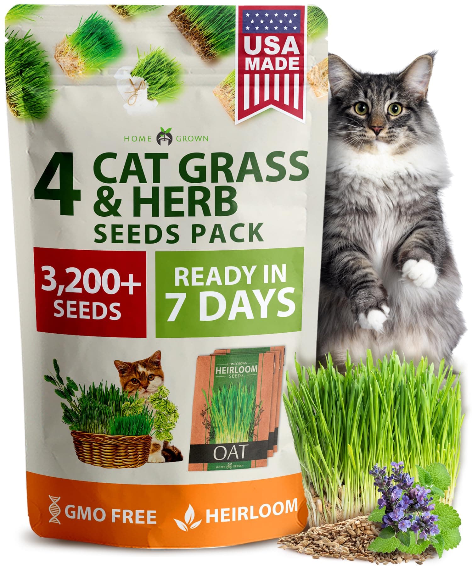 Home Grown 3200+ Indoor Cat Grass Refill – Non-GMO USA Grown Catnip, Oat & Alfalfa Seeds – Cat Grass Kit Replacement – Fast-Growing Pet Grasses for Cats’ Digestion & Hairball Relief