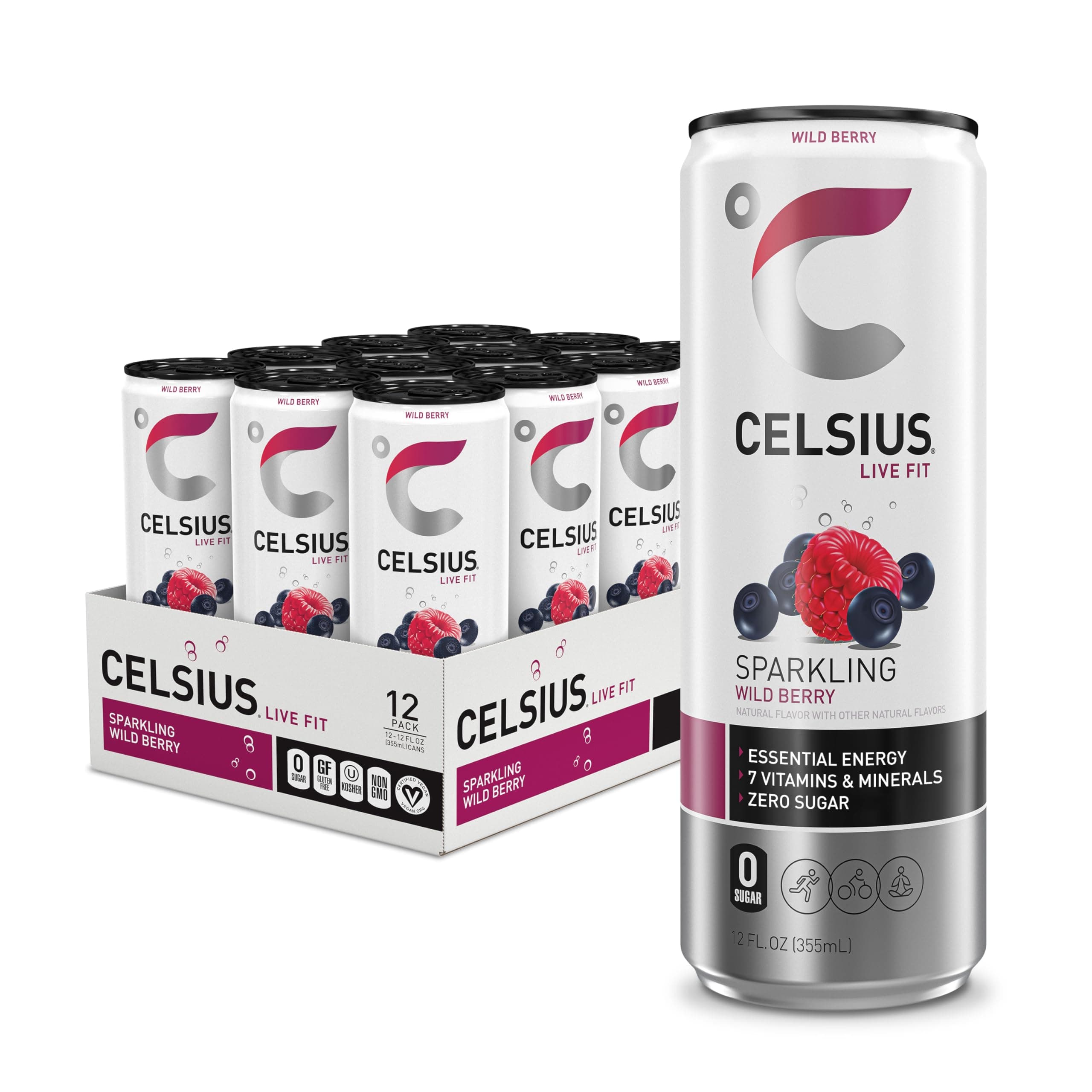 CELSIUS Sparkling Wild Berry Fitness Drink, Zero Sugar, 12oz. Slim Can (Pack of 12)
