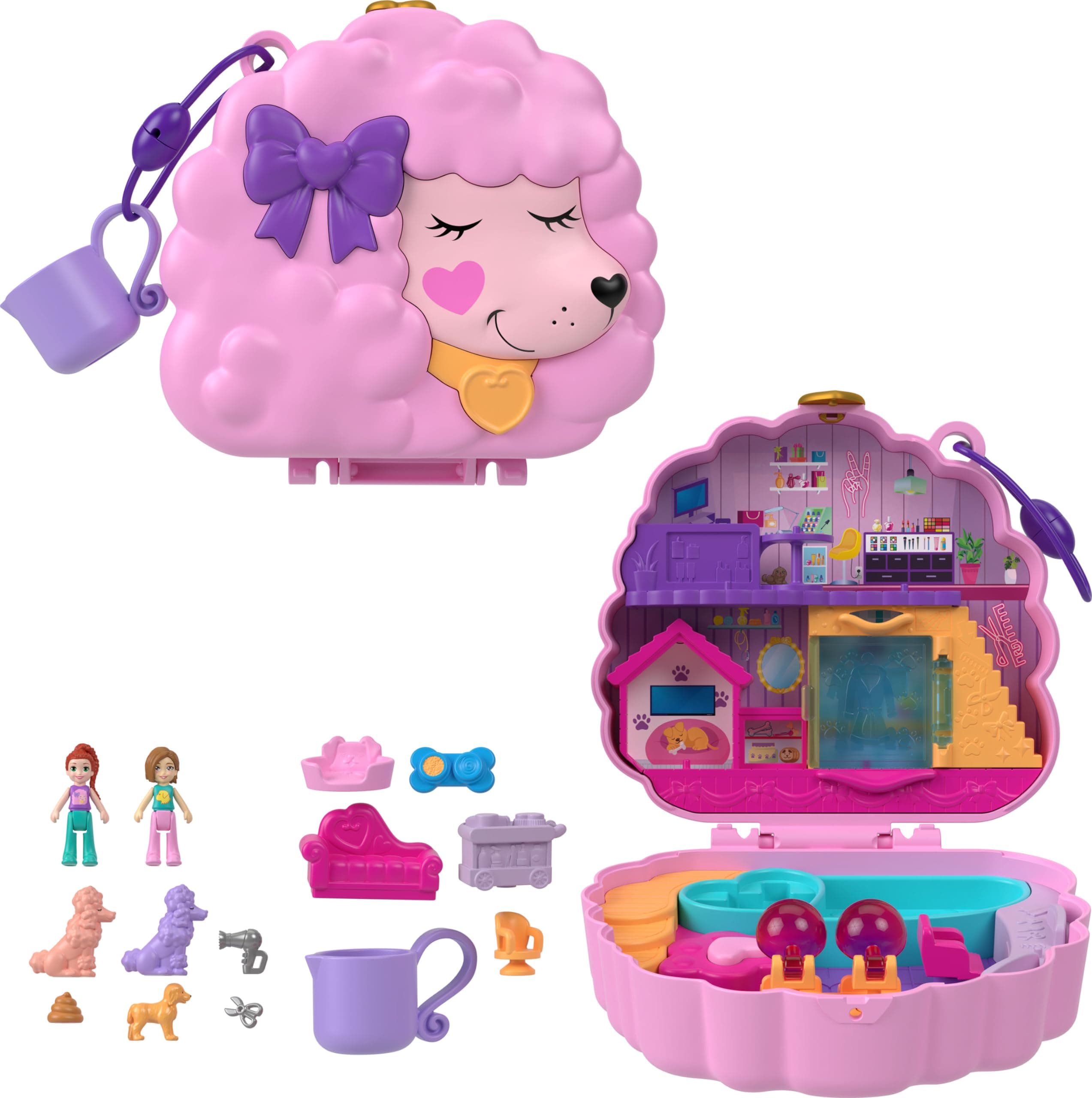 Groom & Glam Poodle Compact Playset with 2 Micro Dolls & 12 Accessories, Including 2 with Color Change