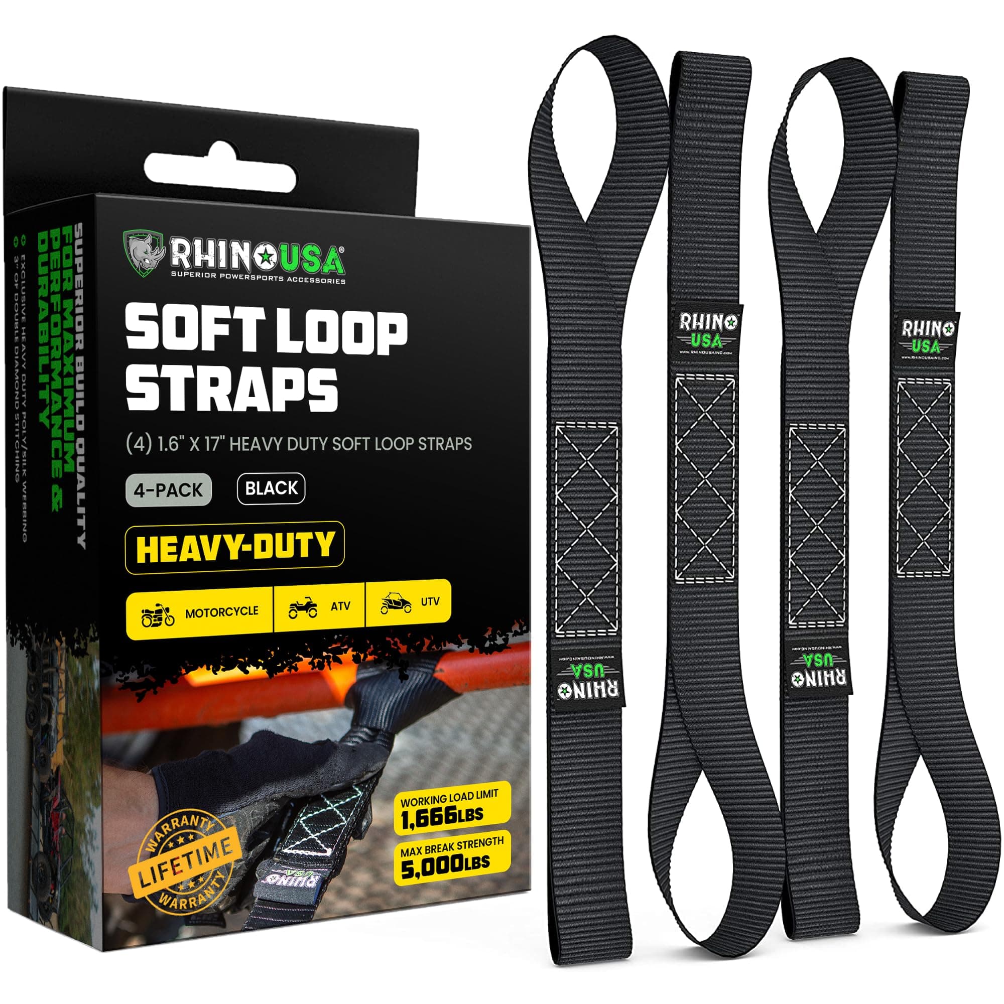 RHINO USA Soft Loop Motorcycle Tie Down Straps - Guaranteed 10,427lb Max Break Strength, Heavy Duty Tiedown Loops for Secure and Confident Trailering of Motorcycles, Dirtbikes, ATV, UTV (Black 4-Pack)
