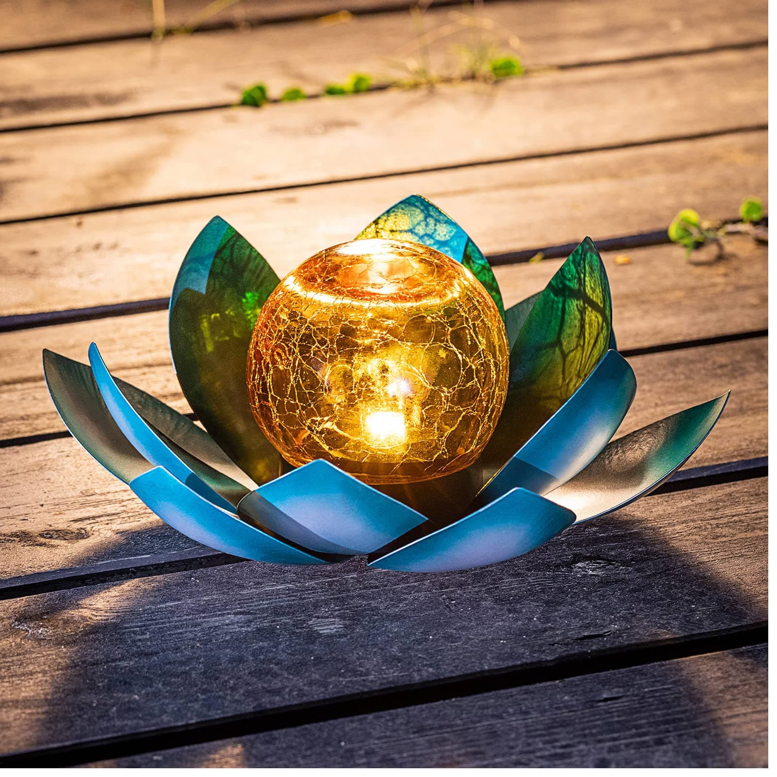 Huaxu Solar Light Outdoor Garden Decor Blue Metal Crackle Globe Glass Waterproof LED Lotus Flower Table Lamp Decorations for Patio Yard Porch Pathway Ground