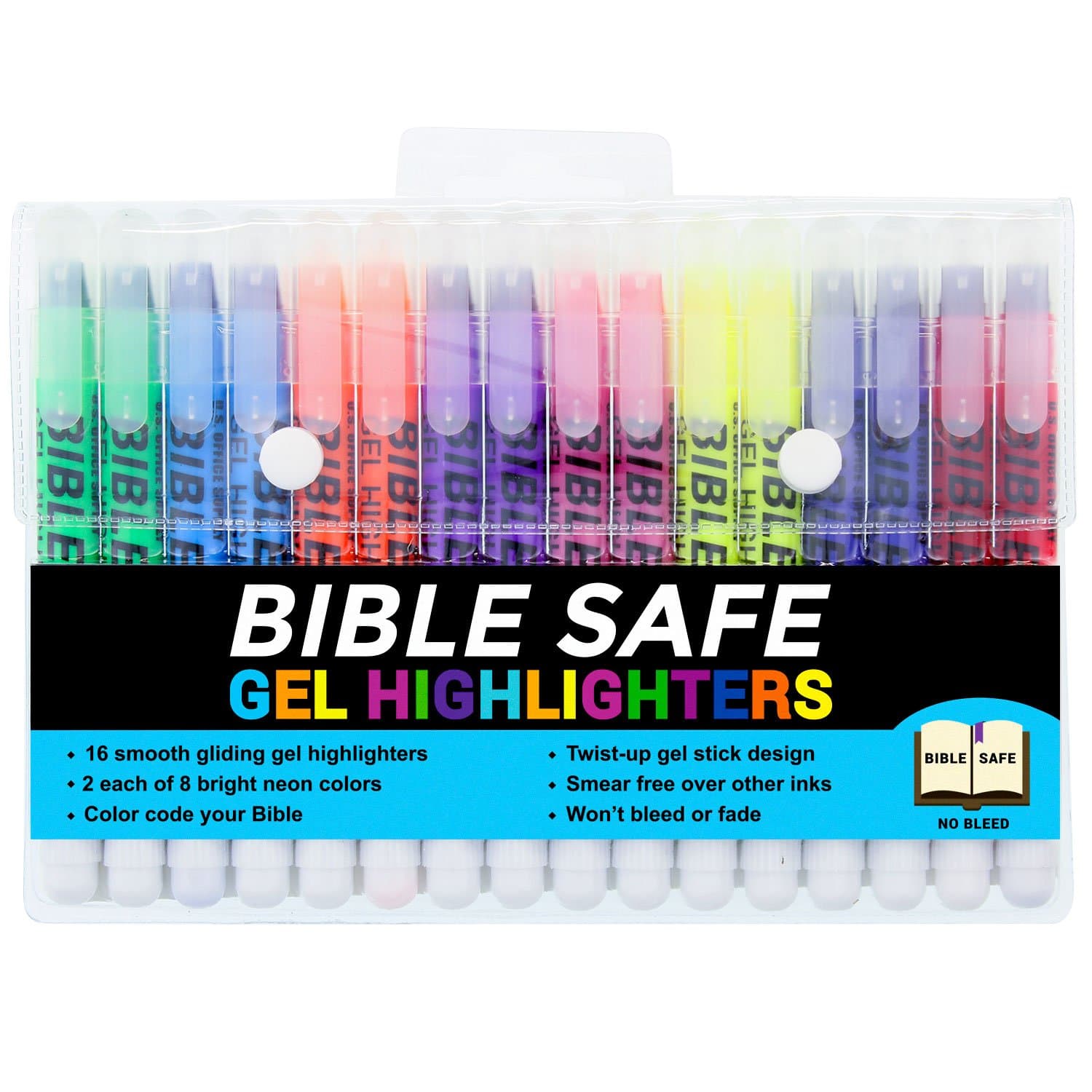 U.S. Bible Safe Gel Highlighters - 8 Bright Neon Highlight Colors in 16 Marker Set - Won't Bleed, Fade or Smear - Study Guide