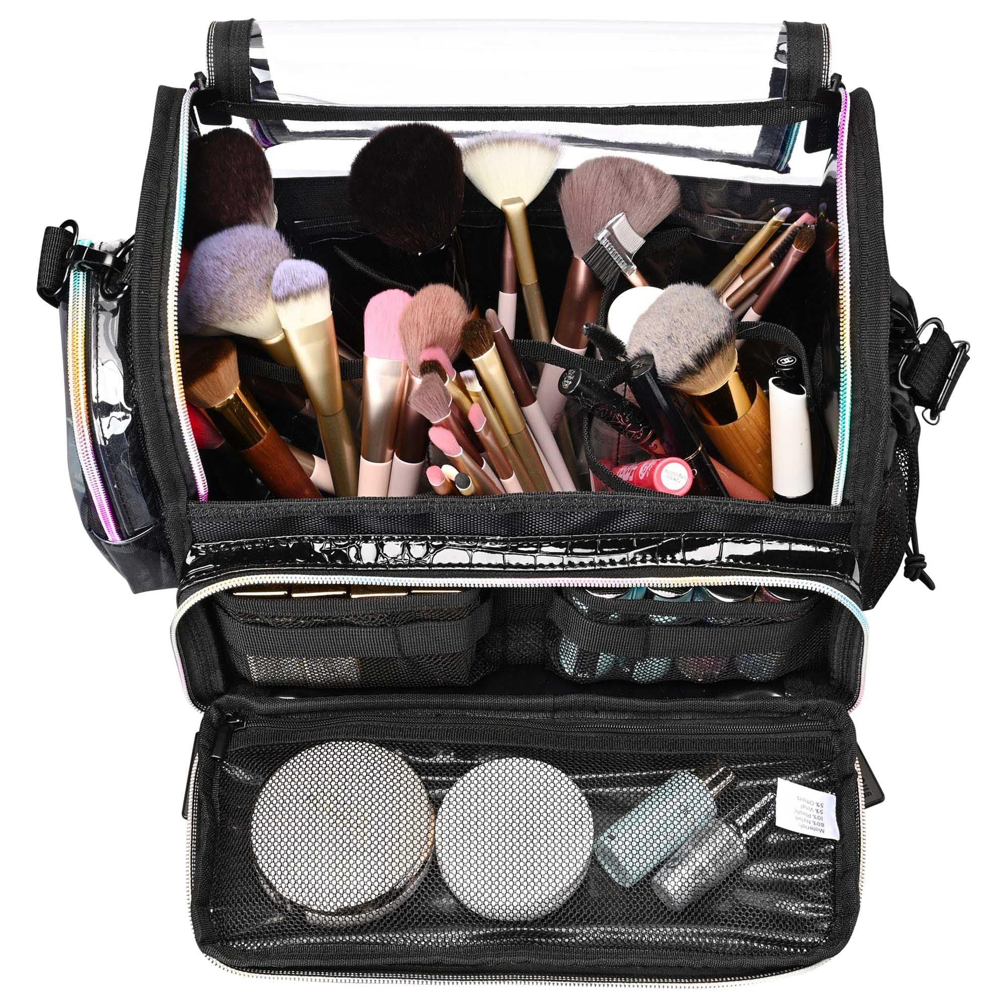 BYOOTIQUEMakeup Brush Case Portable Artist Brush Holder Stand-Up Travel Cosmetic Organizer Bag Large Professional Artist Storage Bag with Shoulder Strap & Adjustable Dividers (Black, Acrylic)