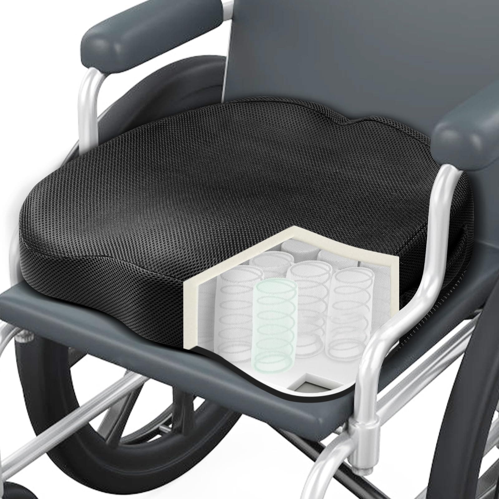 Wheelchair Seat Cushion - High Density Memory Foam and Inner Springs Comfort Support Without Flatten - Mobility Scooter Accessories - Large Chair Pad Pain Relief for Adults & Seniors