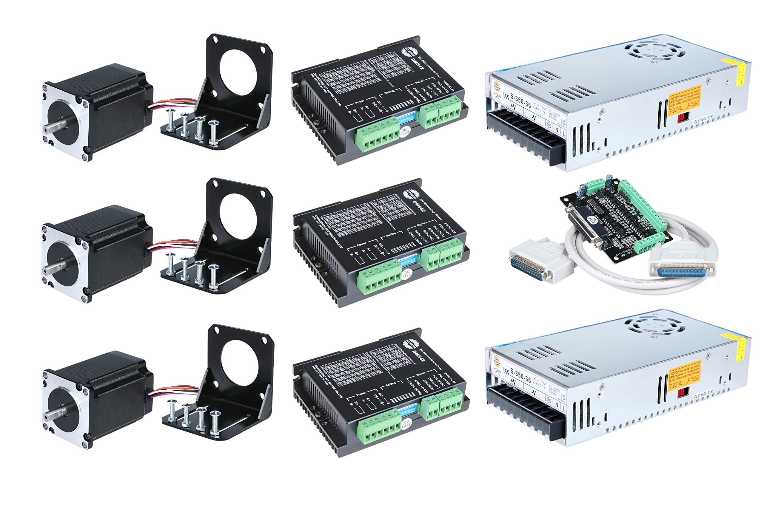 ACT 3PCS Nema 23 CNC Stepper Motor+3PCS Motor Driver DM542+3PCS Nema 23 Motor Bracket with Screw+2PCS power supply 350w-36v+1pc 6Axis Interface Board with cable for 3Dprinter/ CNC DIY