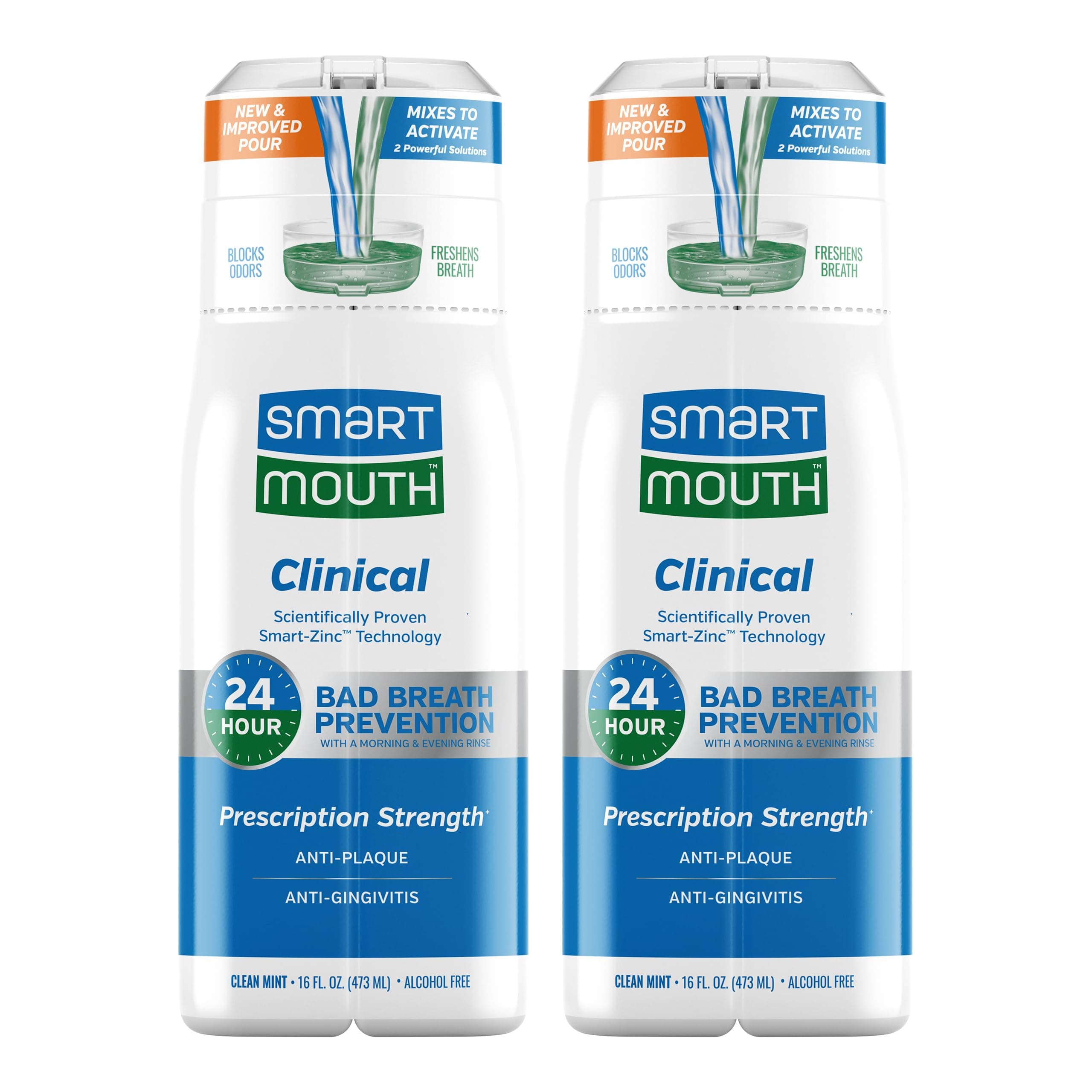 SmartMouth Clinical Zinc Activated Mouthwash - Anti-Plaque & Anti-Gingivitis for Healthy Gum Support - All-Day Fresh Breath - Alcohol-Free, Sugar-Free, & Gluten-Free - Clean Mint - 16 fl oz (2 Pack)