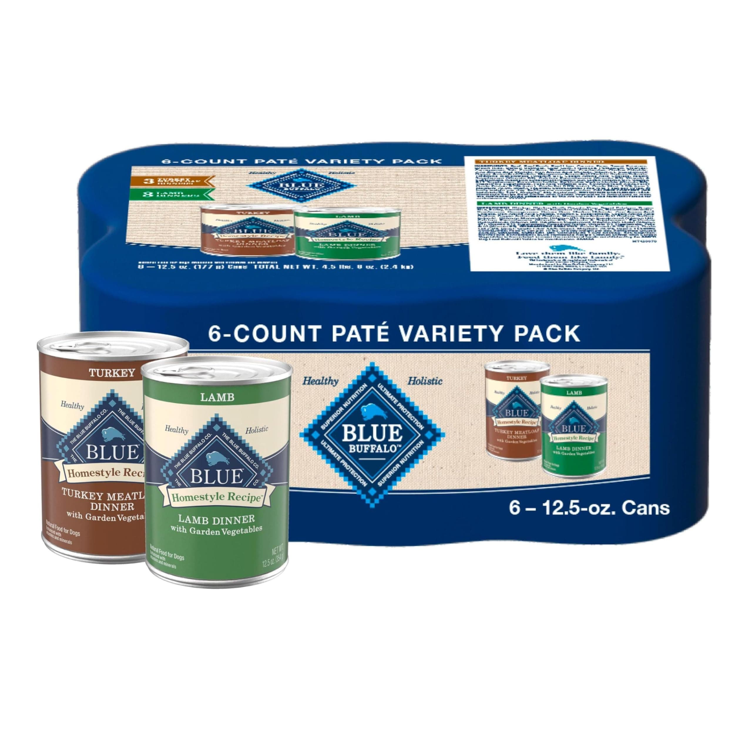 Blue Buffalo Homestyle Recipe Adult Wet Dog Food, Made with Natural Ingredients, Turkey and Lamb Dinner Variety Pack, 12.5-oz Cans (6 Count, 3 of Each)