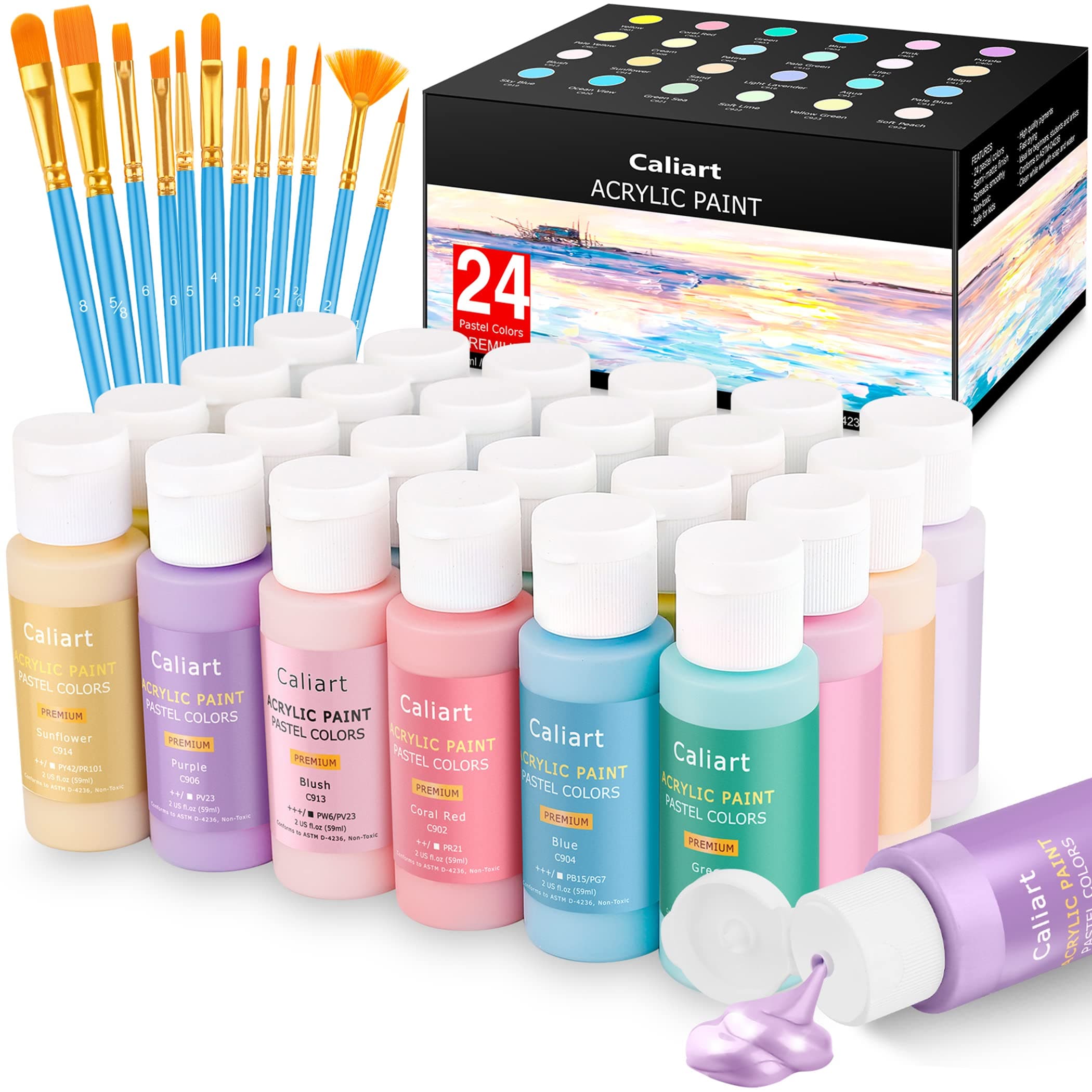 Caliart Pastel Acrylic Paint Set with 12 Brushes, 24 Pastel Colors (59ml, 2oz) Art Craft Painting, Artists, Students, Kids, Beginners, Halloween Decorations, Canvas, Ceramic Woodrock Painting Supplies