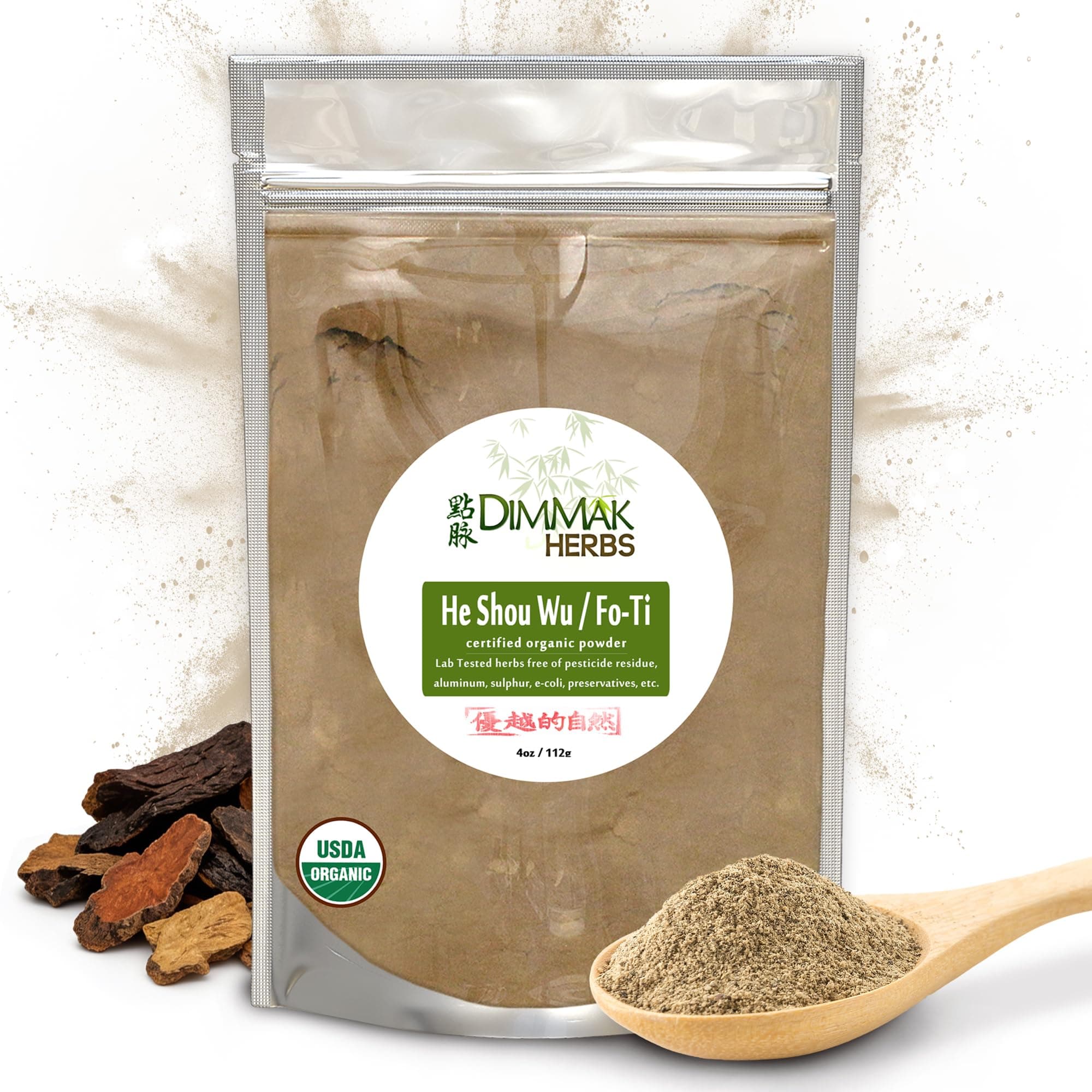 Dimmak Herbs Organic Fo Ti Root Raw Chinese Herb Powder - Cure/Prepared USDA Organic He Shou Wu (Polygonum Multiflorum Preperata) (4oz/112g)