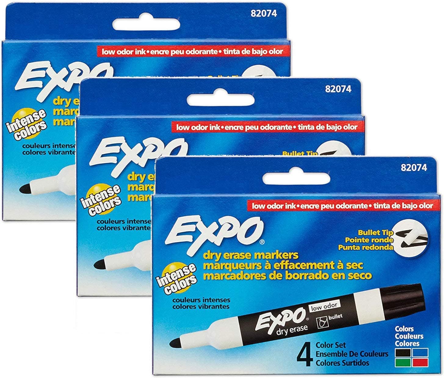EXPO 82074 Low-Odor Dry Erase Markers, Bullet Tip, 4 Assorted Colors (Black, Blue, Green and Red), 3 Blisters of 4 Markers Each, Total 12 Assorted Color Markers