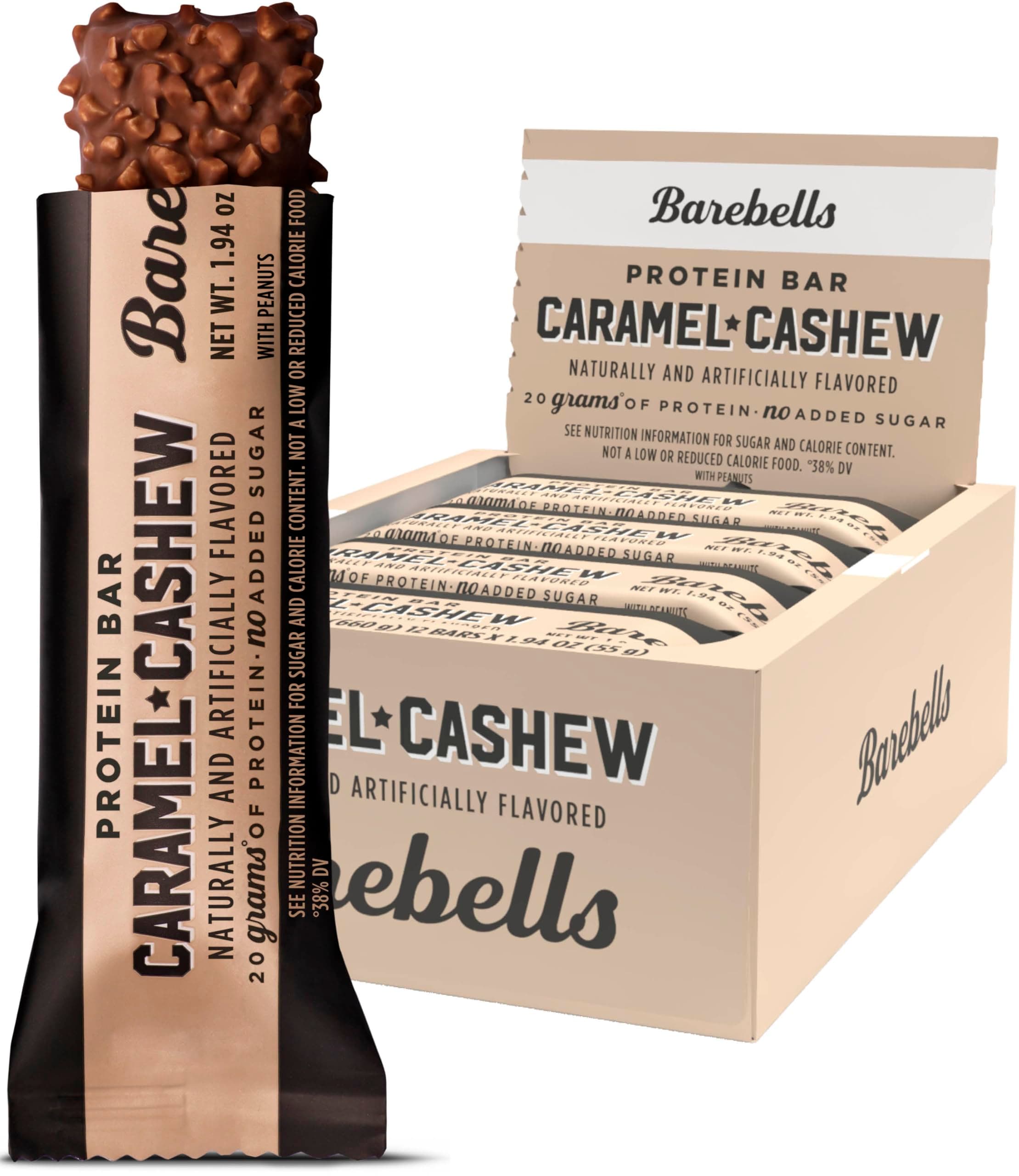 Barebells Protein Bars Caramel Cashew - 12 Count, 1.9oz Bars with 20g of High Protein - Chocolate Protein Bar with 1g of Total Sugars - Perfect on The Go Protein Snack & Breakfast Bar
