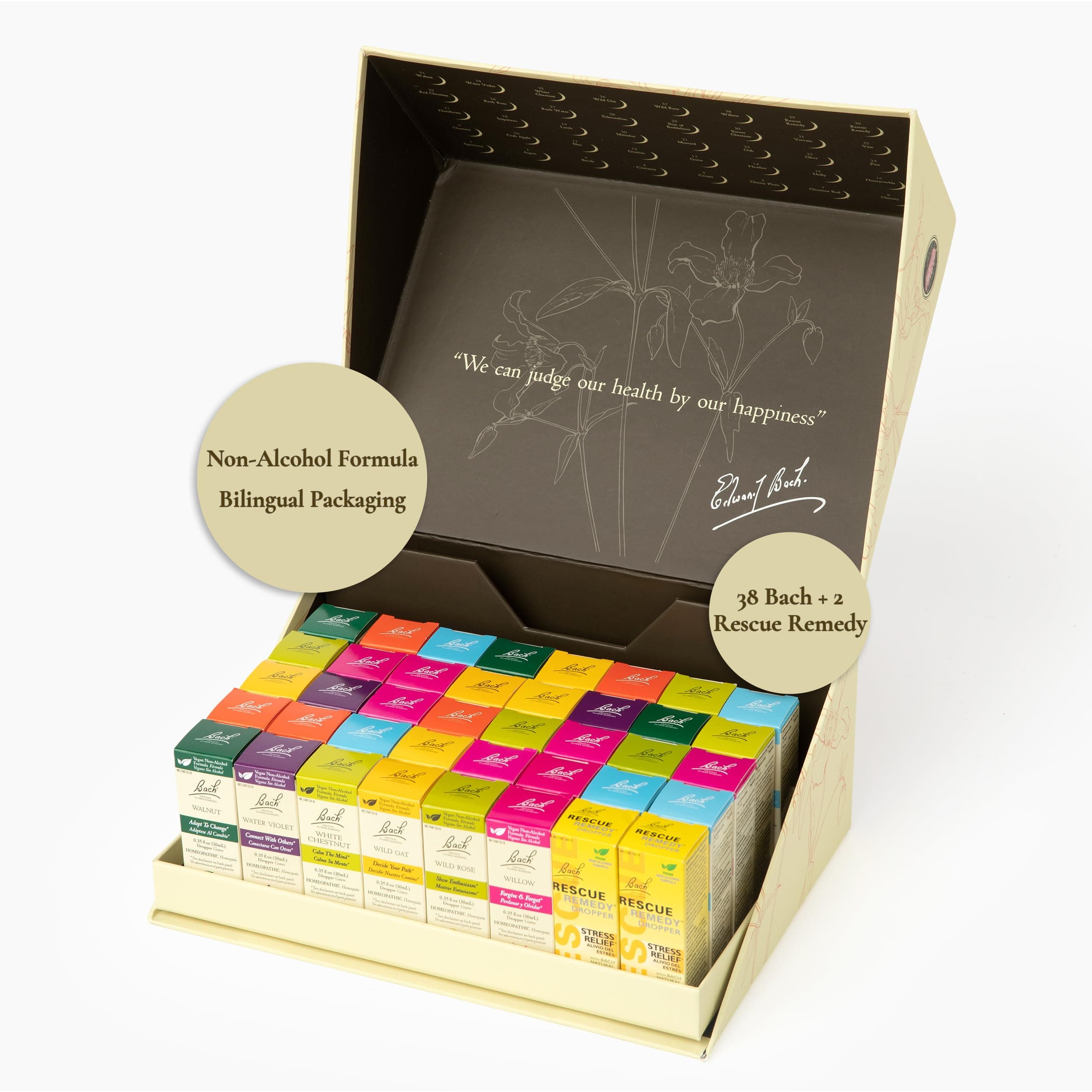 Bach Original Flower Remedies, Full Set (Non-Alcohol Formula) - 38 Bach + 2 Rescue Remedy, Natural Homeopathic Flower Essences, Holistic Wellness & Stress Relief, Vegan, 40 Droppers - 10mL Each