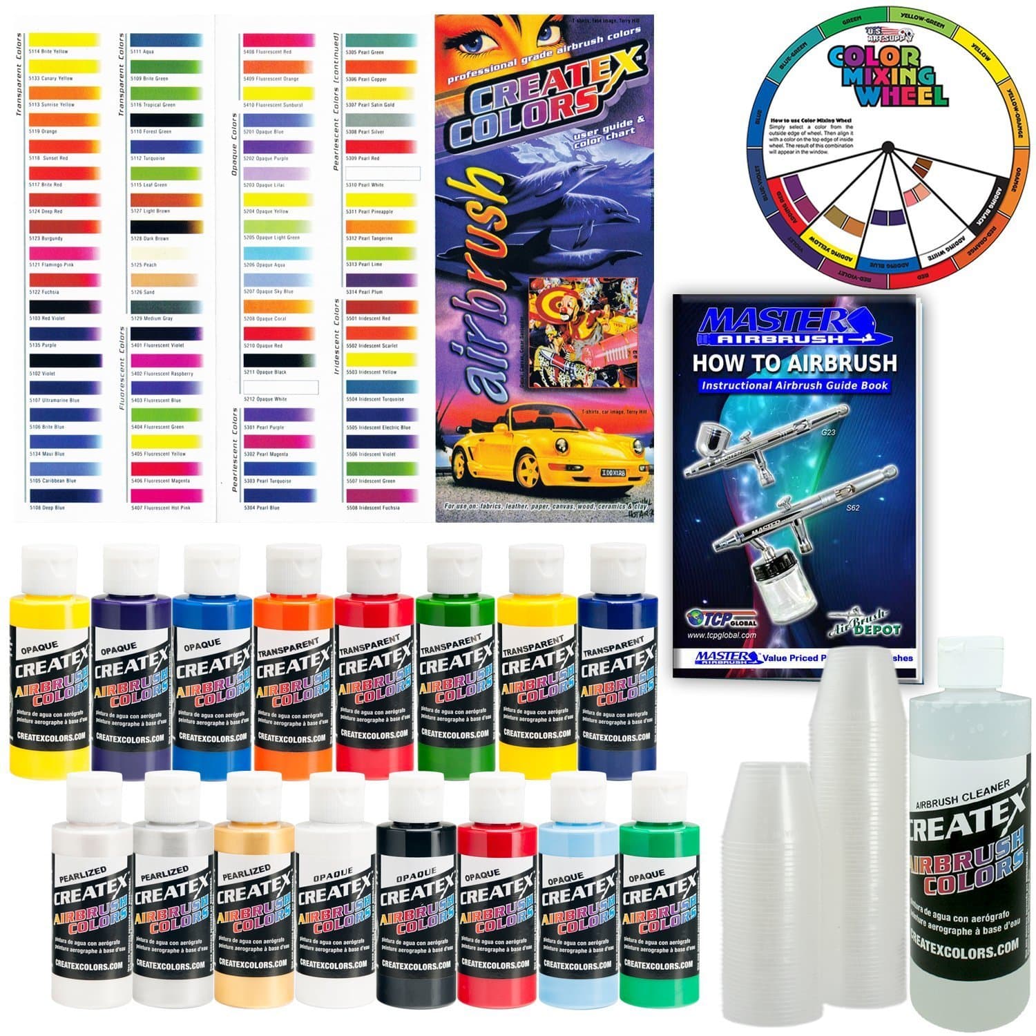 Createx KIT-SUPER16 Airbrush Super Starter Kit With Pack of 100-1 Ounce Paint Mixing Cups, Airbrush Book, Createx Color Chart of all 80 Colors and Pocket Mixing Color Pocket Wheel