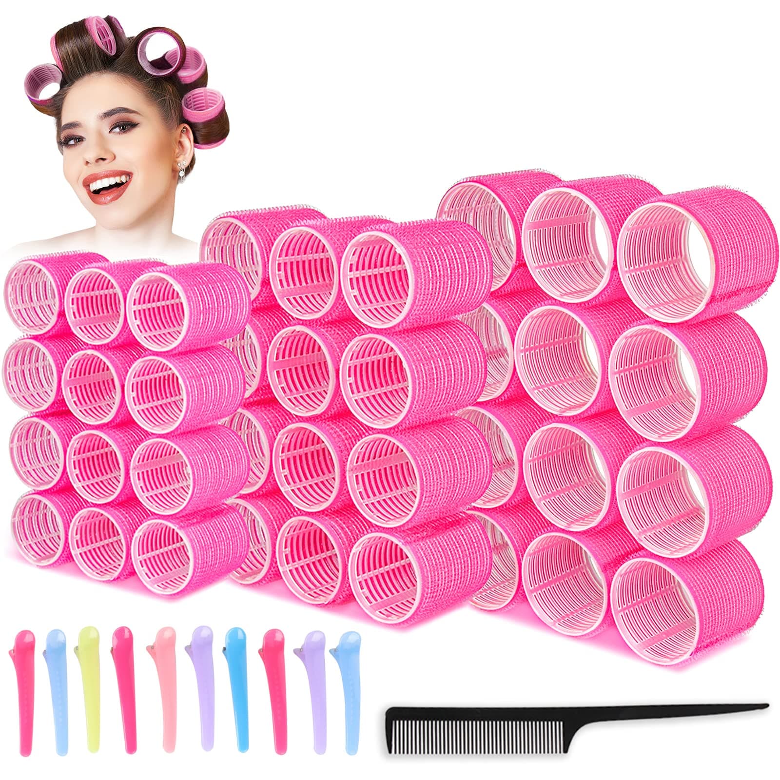 Velcro Jumbo Rollers Set for Volume and Curls - 47Pcs with 3 Sizes (Large, Medium, Small), Roller Clips, and Comb for All Hair Types and Lengths