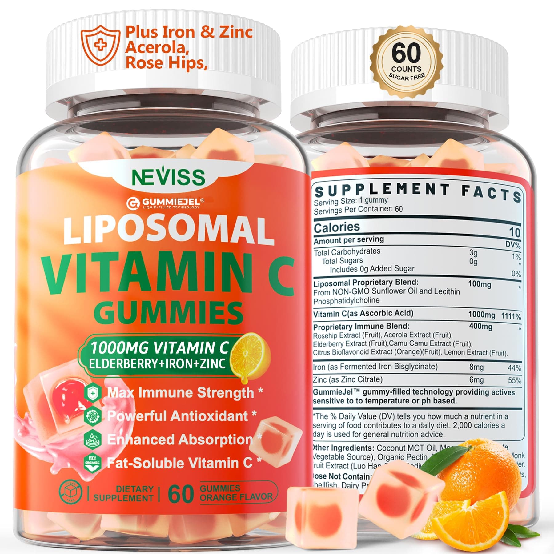 Liposomal Vitamin C 1000mg Gummies for Adults - Vitamin C Chewable 1500mg with 8mg Iron, Zinc & Elderberry - Immune Support, Immune Booster Supplement - for Energy, Collagen Booster, 1Pack Sugar Free