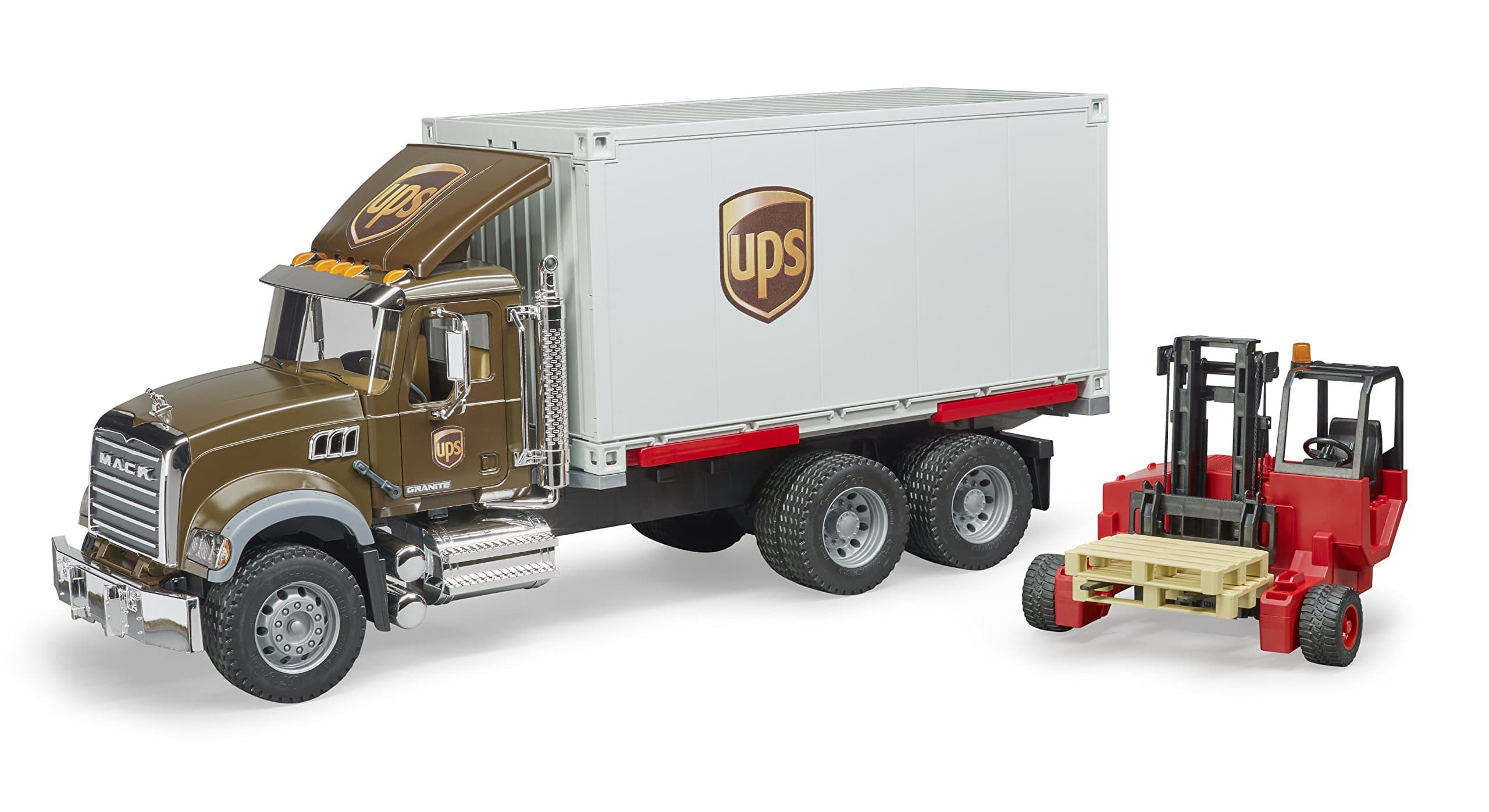 02828 Mack Granite Ups Logistics Truck with Forklift Vehicles - Toys