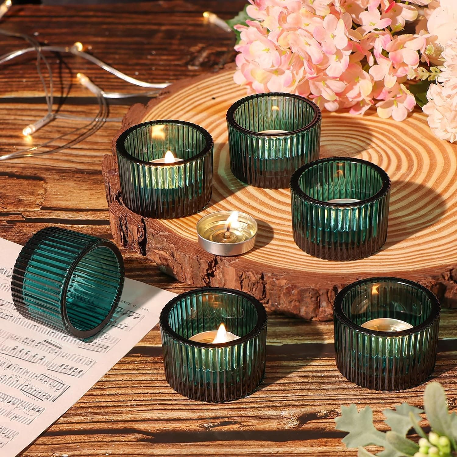 Mahganya Set of 6 Votive Glass Tealight Candle Holders - Christmas Decorations Items for Home D�cor Living Room Bedroom Dining Table (Green)
