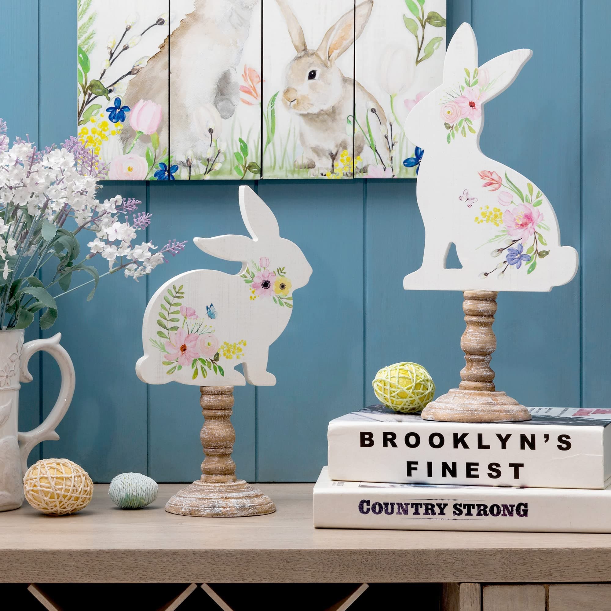 Easter Bunny Table Décor Rabbit Wooden Signs Hand Painted Farmhouse Home Ornaments Spring Easter Decor Set of 2