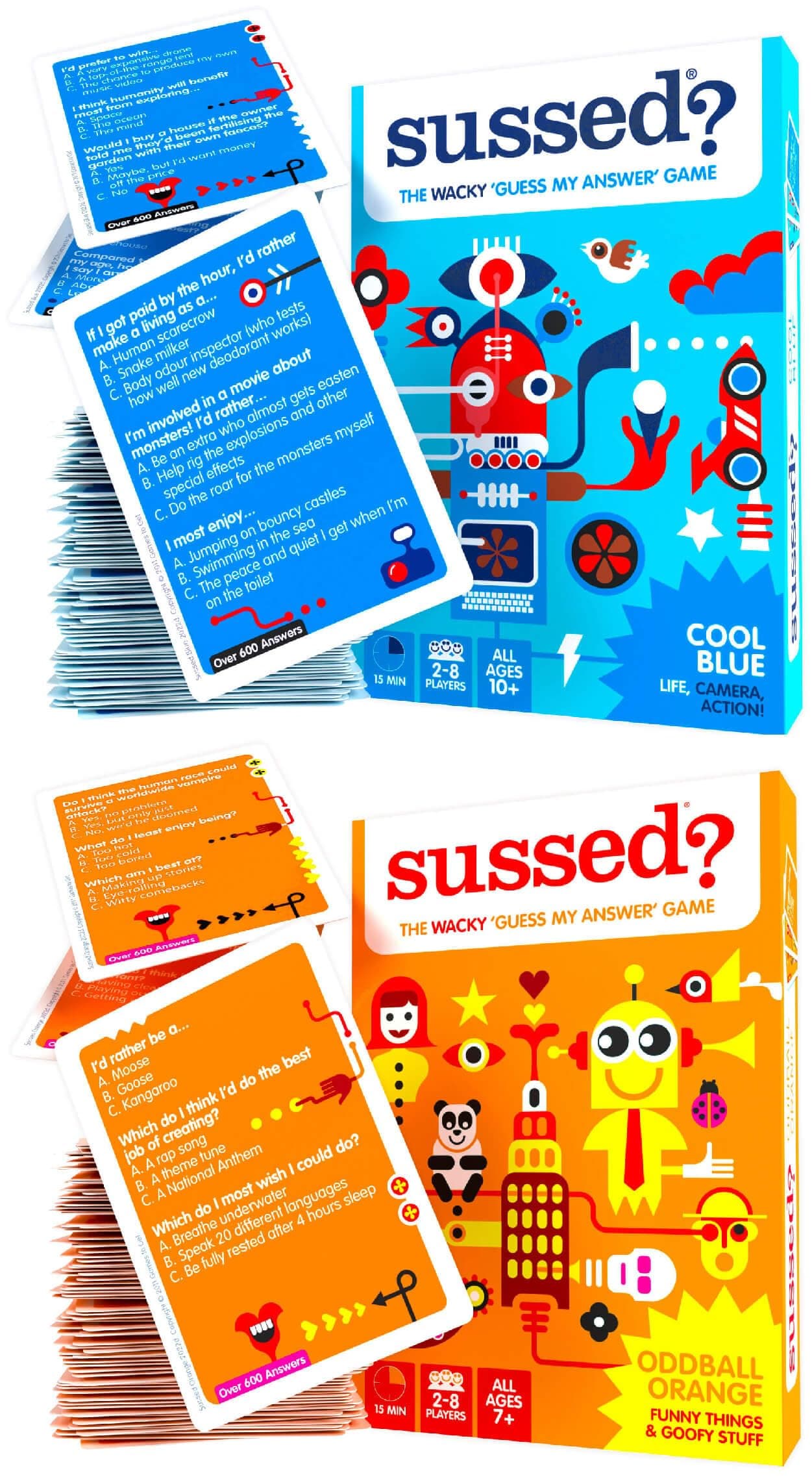 SUSSED 400 Wacky Conversation Starters for Kids, Teens & Adults- The ‘Guess My Answer’ Card Game - Hilarious Gift for Family Fun - Blue and Orange Deck Bundle