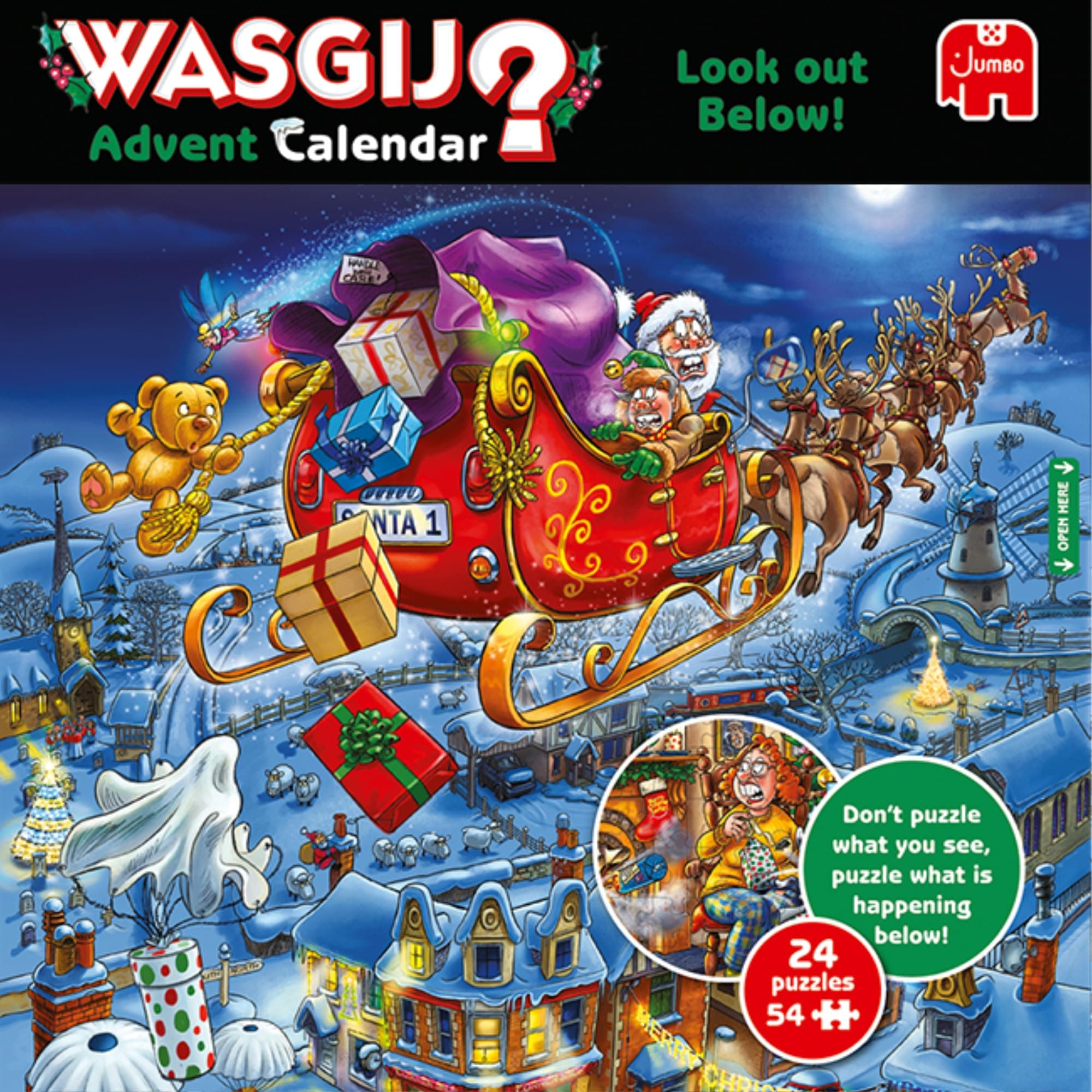 Wasgij Christmas Advent Calendar, Look Out Below! - 24 Days of Puzzles, Don't Puzzle What You See - Brainteasing 54 Piece Adults Puzzle & Comic Puzzle -100% Recycled Cardboard Jigsaw Puzzle for Adults