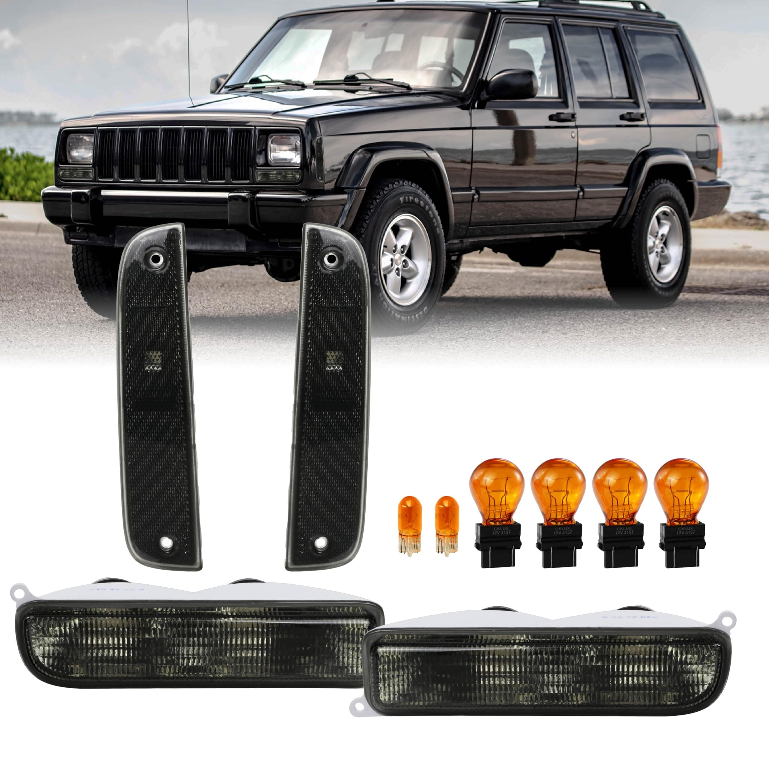 USR 97-01 XJ Signal Lights - COMBO Smoke Bumper Turn Signal + Corner Side Marker Lamps Set + x4 Bulbs Included (Left + Right) Compatible with 1997-2001 Cherokee XJ Chassis (Smoke 4 Pieces)