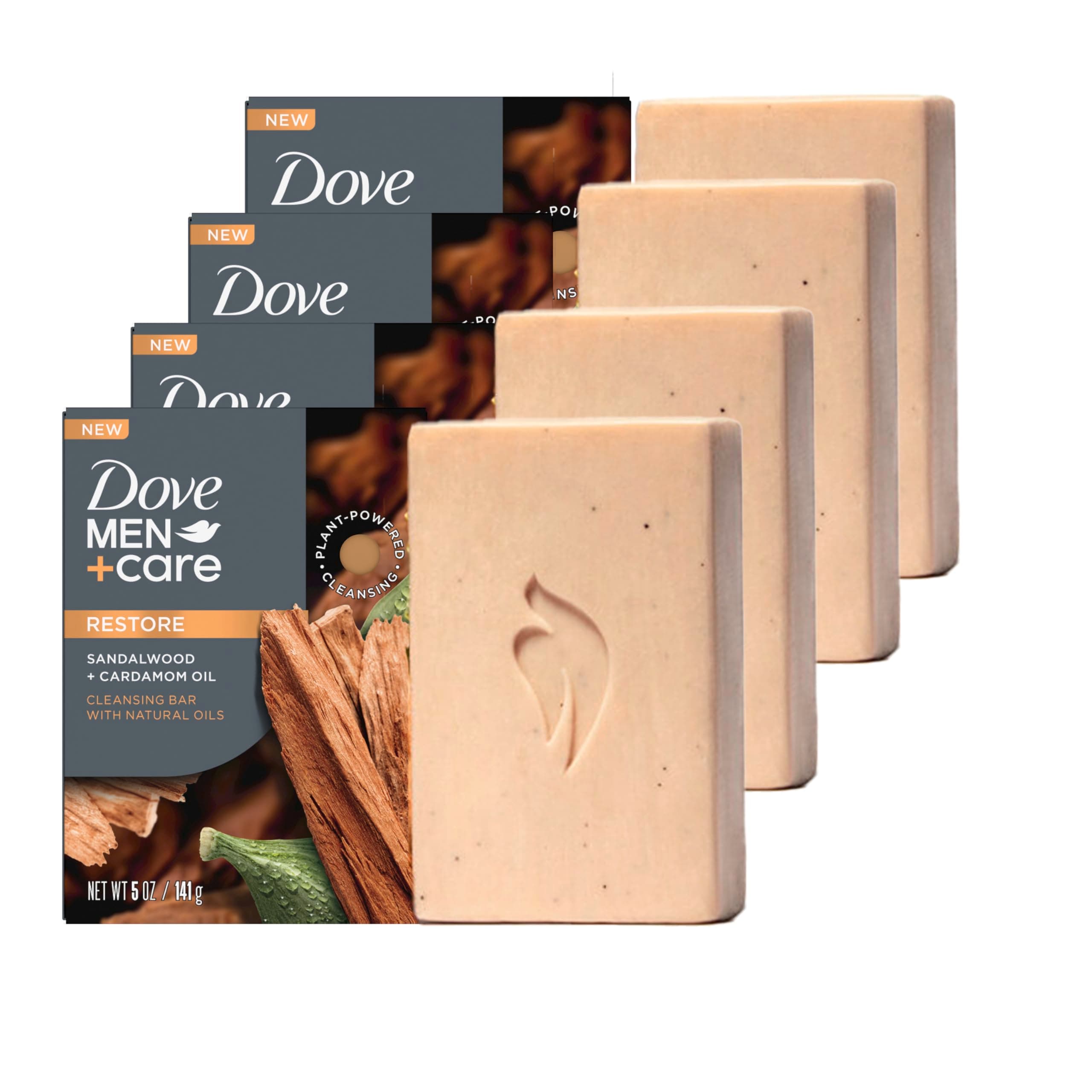 Dove Men+Care Cleansing Bar Soap Sandalwood + Cardamom Oil 4 Bars to Rebuild Skin in the Shower, a 4in1 Hair, Body, Face & Shaving Bar with Plant-Based Cleanser and Natural Oils 5 oz