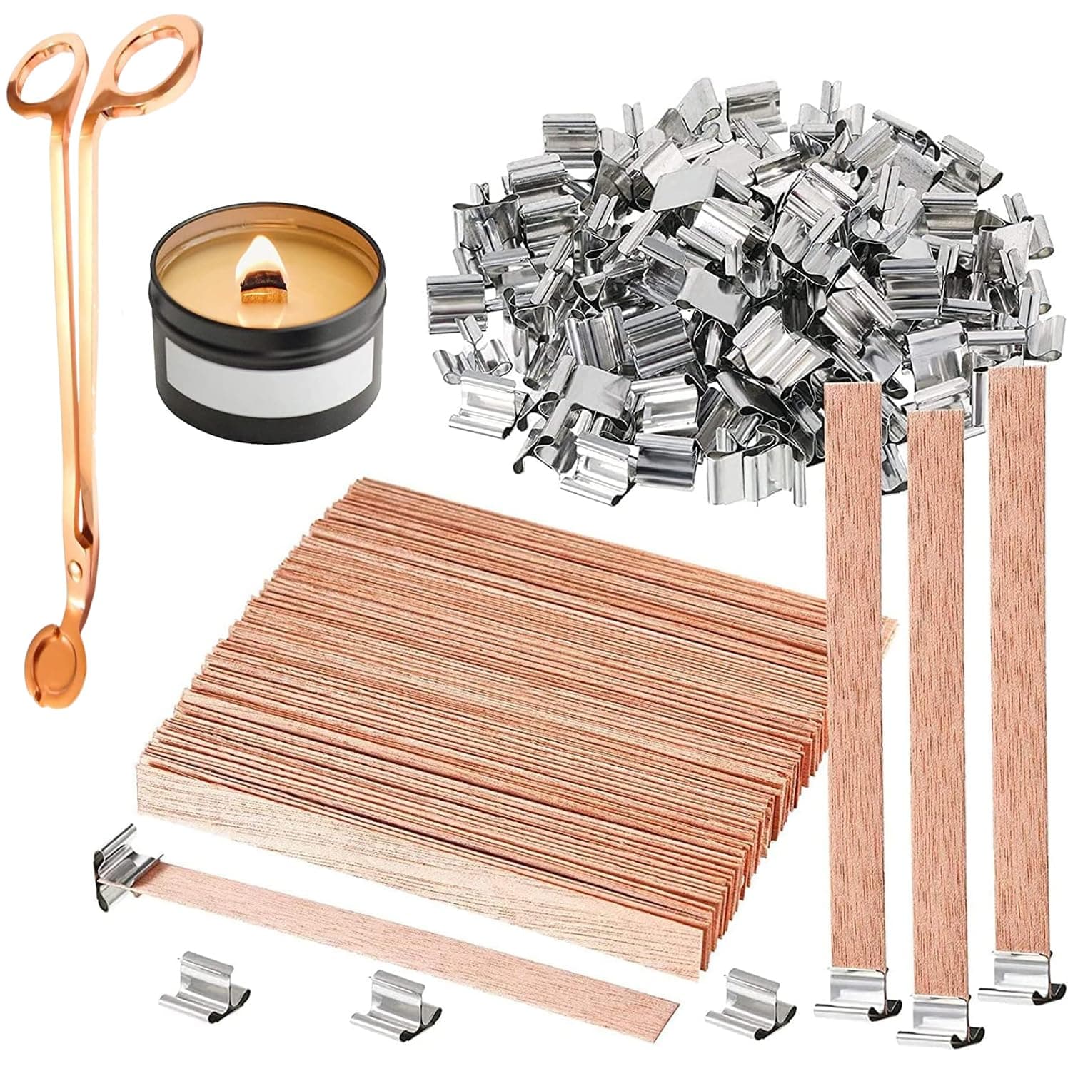 Goodern 101 PCS Wood Wicks for Candles,Natural Environmental Wooden Candle Wicks with Metal Base Clip Candle Warning Labels Smokeless Candle Wicks Holder DIY Candles Supplies for Home Office Bedroom