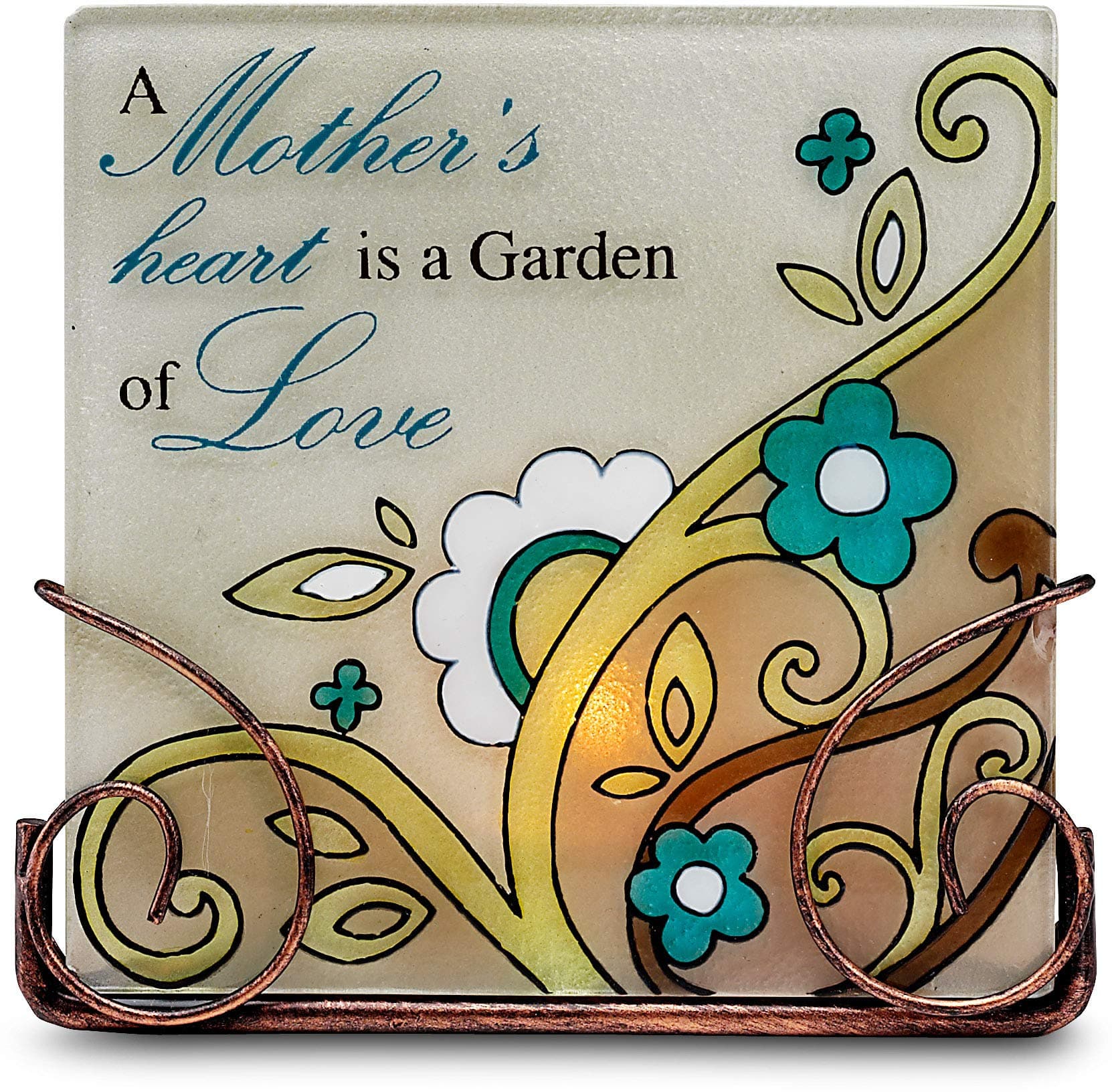 Perfectly Paisley Mother Glass Tea Light Holder by Pavilion, 5-Inch Tall, Inscription a Mother's Heart is a Garden of Love
