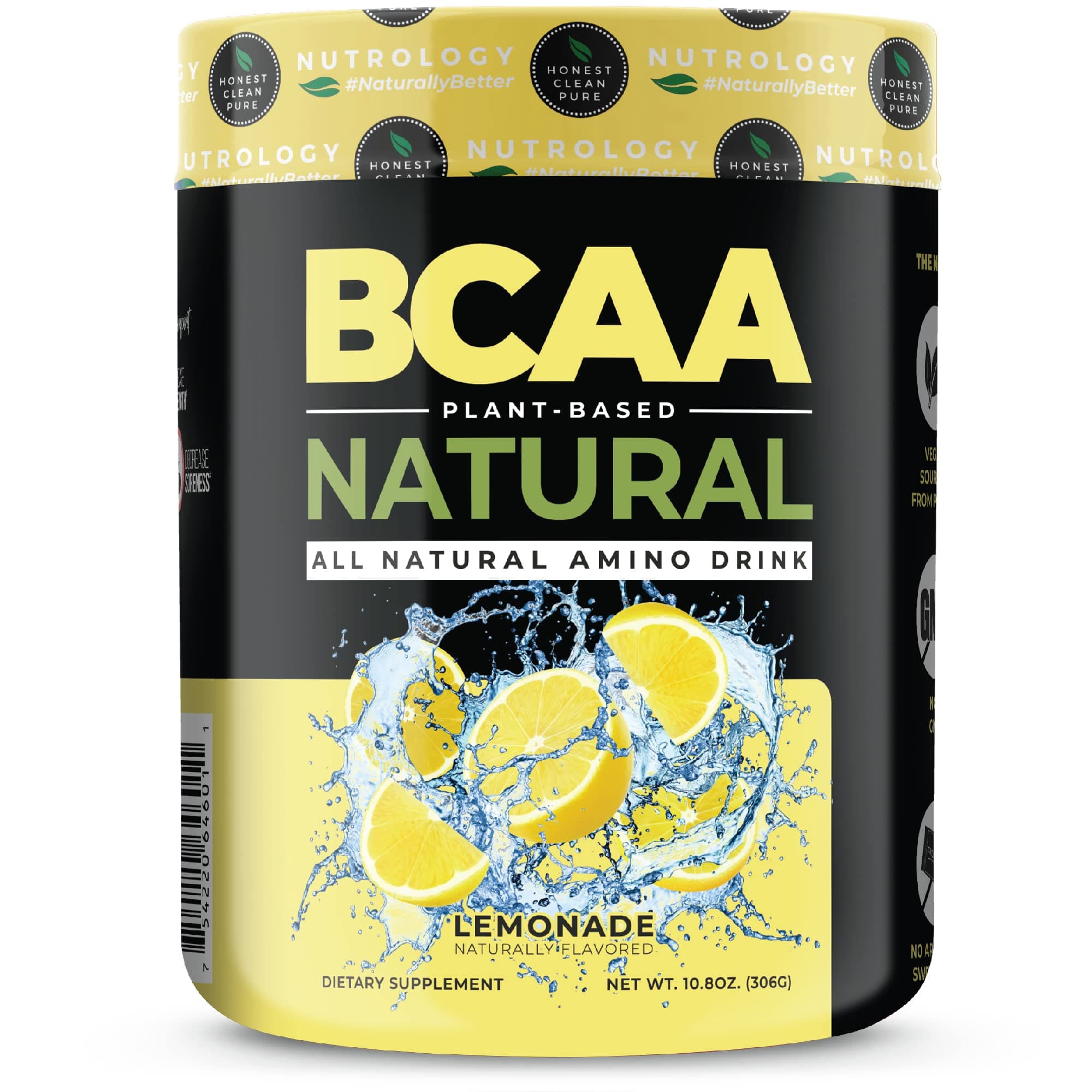 NutrologyBCAA Natural, Plant Based BCAA Powder, Lemonade Flavor, Optimized 2:1:1 Ratio Amino Acids Powder, Post Workout Recovery Drink Vegan BCAA Powder, Gluten-Free, Non-GMO, 30 Servings