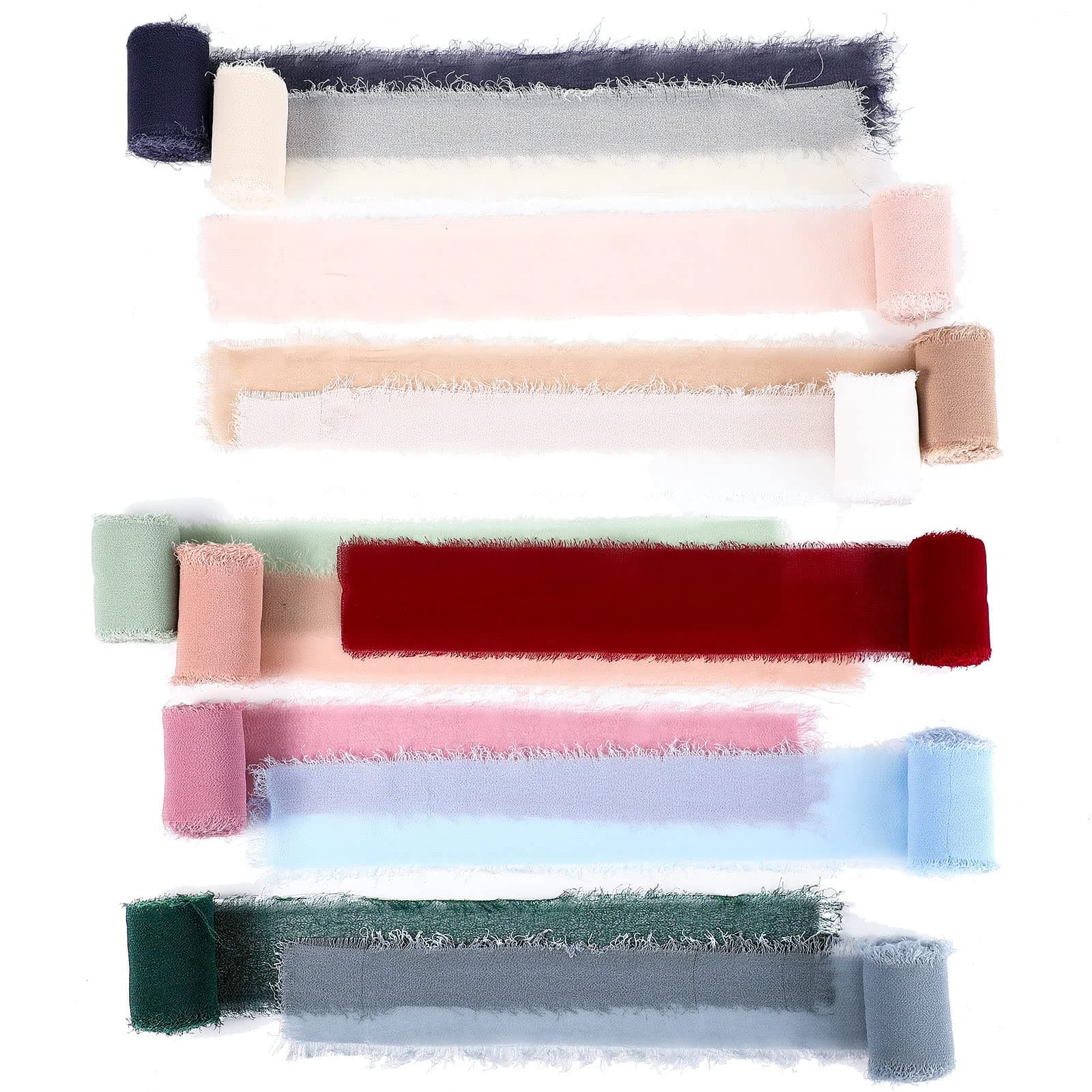 Handepo 12 Rolls Handmade Fringe Chiffon Silk Ribbon Handmade Frayed Edges Ribbon for Gifts Wrapping, Wedding Invitation, Bouquets, DIY Crafts(1.5 Inches x 3 Yards,Multicolor)
