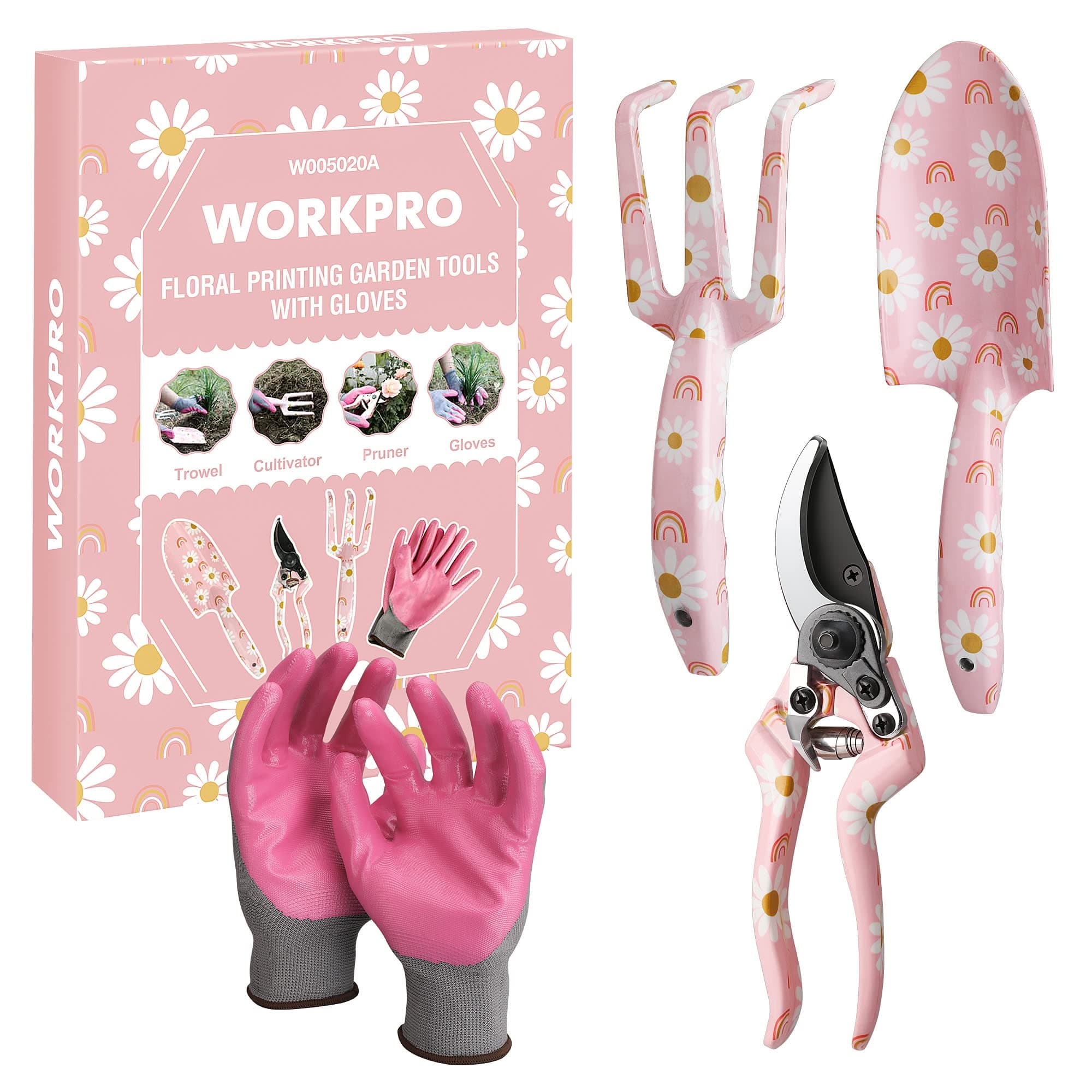 WORKPRO Aluminum Garden Tool Set, 4PCS Heavy Duty Gardening Tools with Box Include Trowel, Rake, Pruner, Gloves, Pink, Garden Gifts