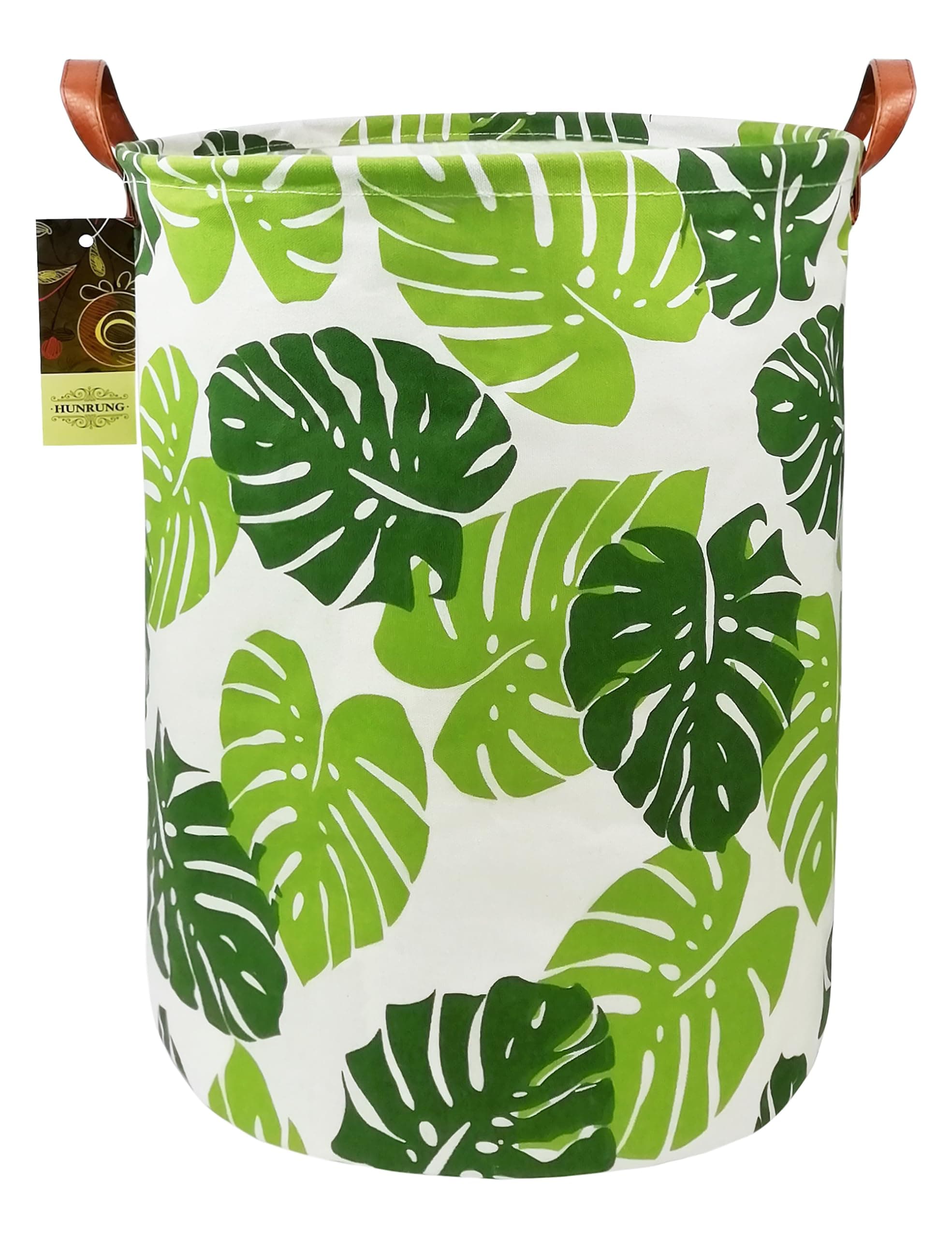 HUNRUNG Laundry Hamper,Large Canvas Fabric Lightweight Storage Basket Toy Organizer Dirty Clothes Collapsible Waterproof for College Dorms, Children Bedroom,Bathroom (Round Leaf)