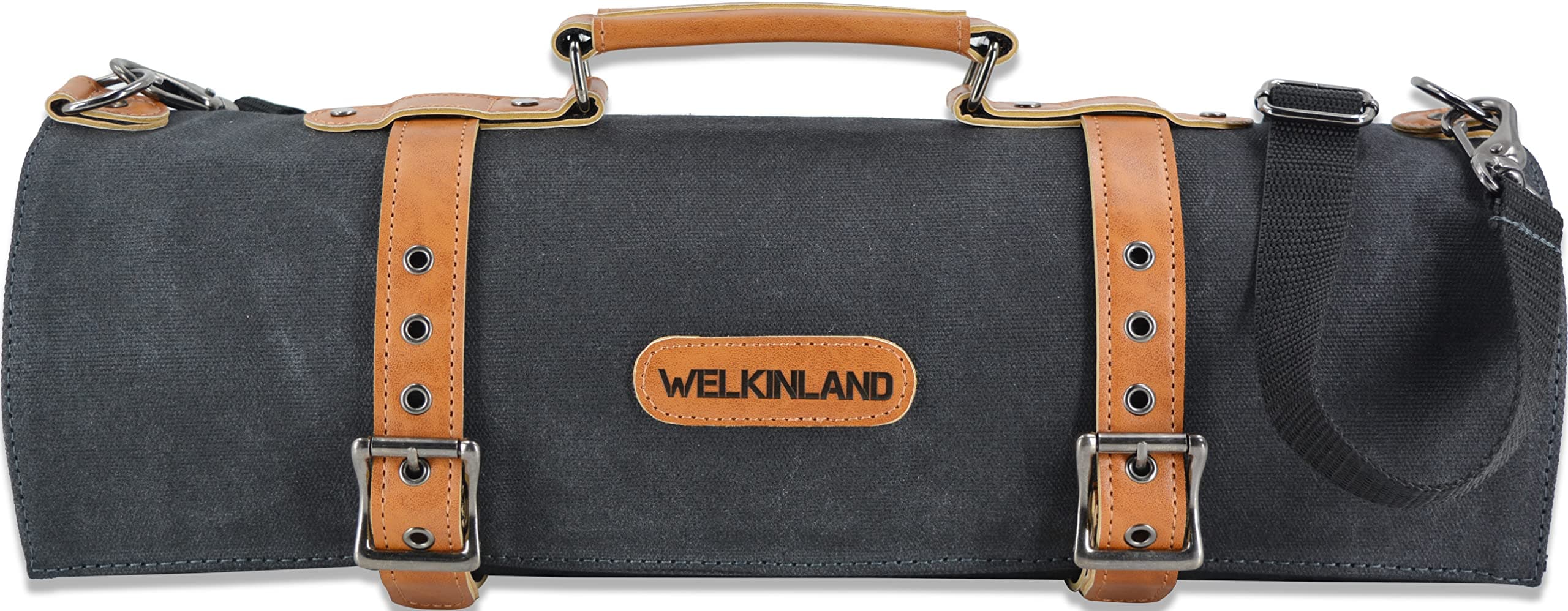 WELKINLAND 14-Pockets Knife Roll, Waxed Canvas Leather Knife Roll, Knifes bag holders, Chef Knife Roll Bag, Chef knife roll, Knife Roll Bag for Pocket Knives