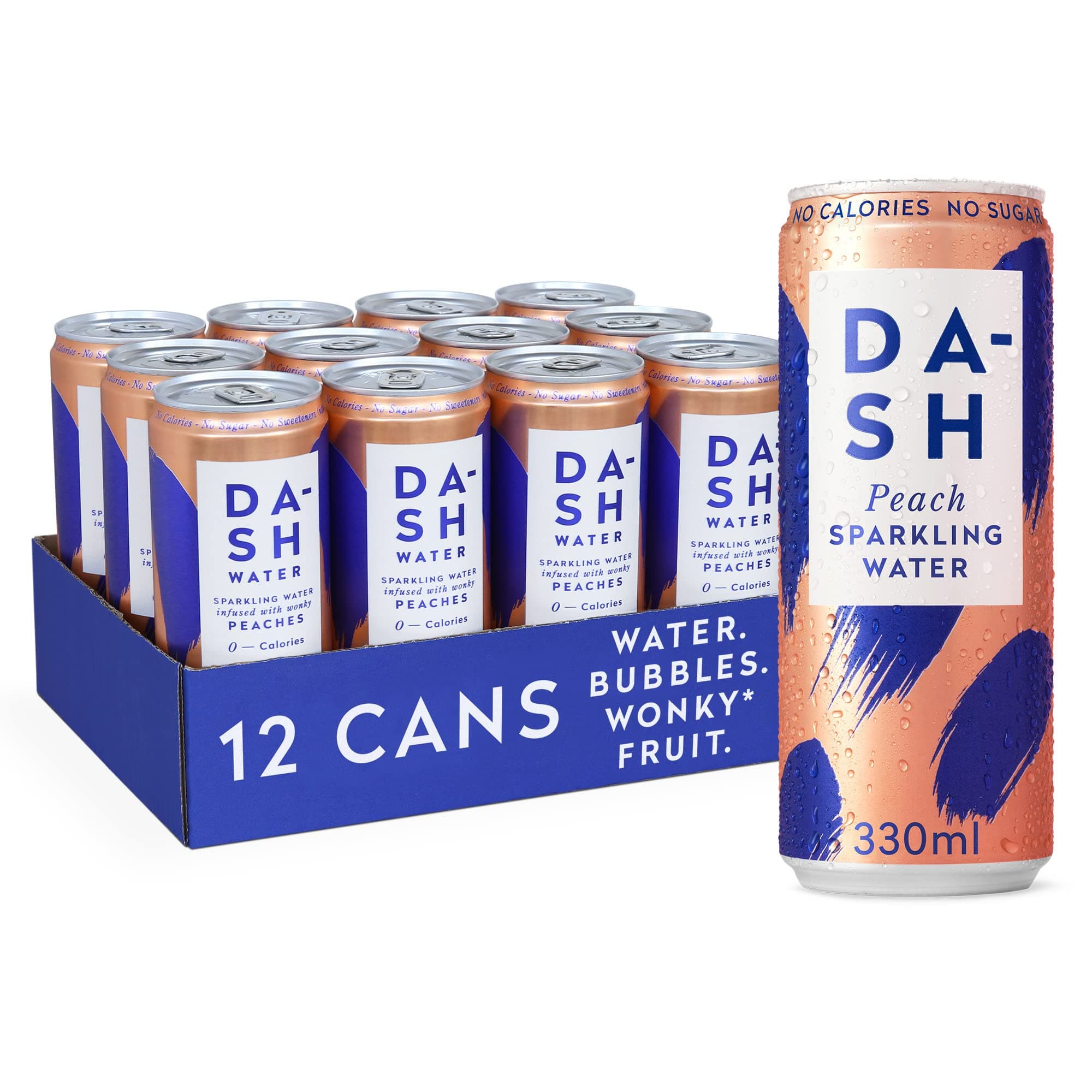 DASH Water Peach - 12 x Peach Flavoured Sparkling Spring Water - NO Sugar, NO Sweetener, NO Calories - Infused with Wonky Fruit (12 x 330ml cans)