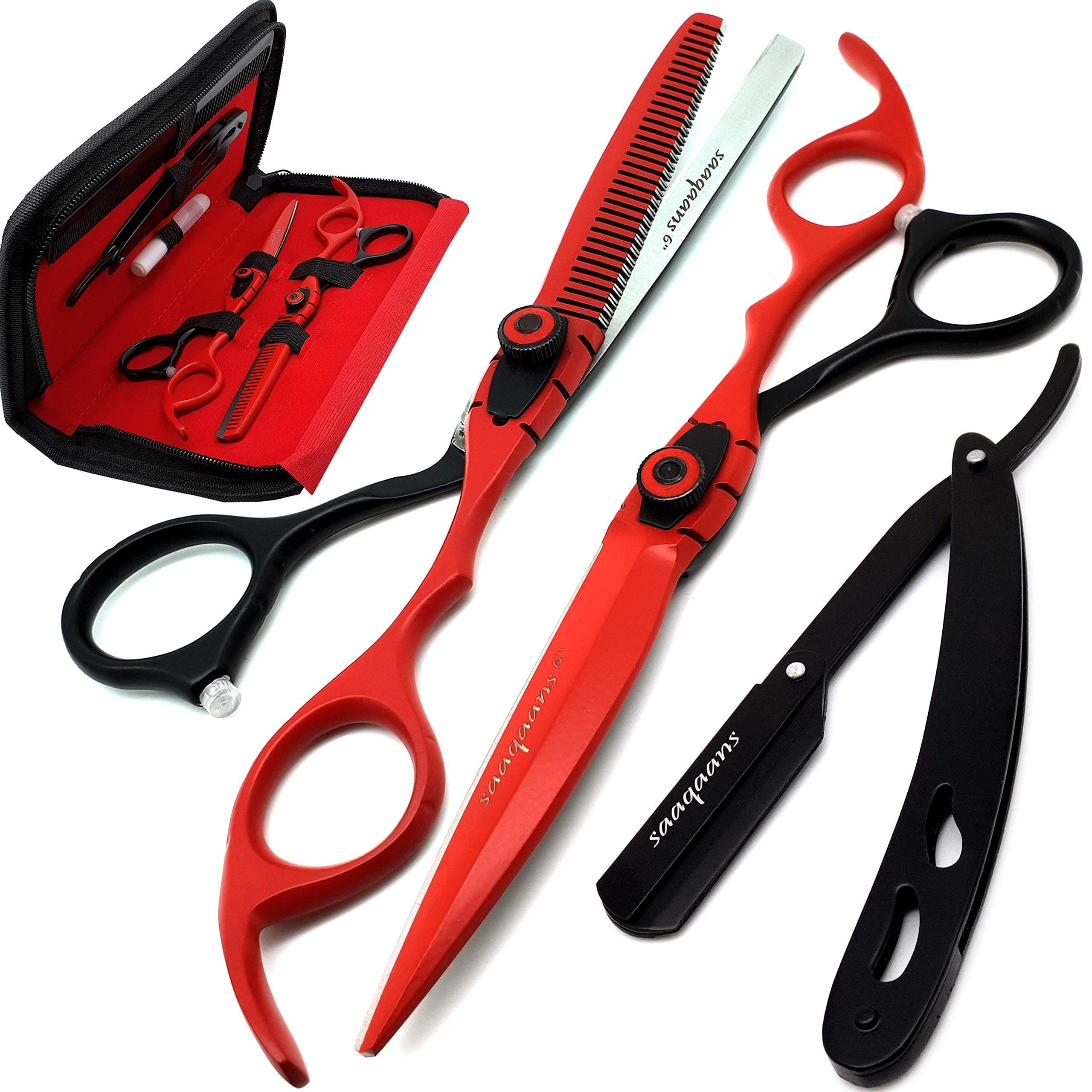 Saaqaans MSS-04 Haircut Scissors Set - Hair Cutting Scissor for Barber/Hair Salon + Texture/Thinning Hairdressing Shear for Beautician + Straight Edge Razor + 10 Blades with Case (Red Scissors Set AE)