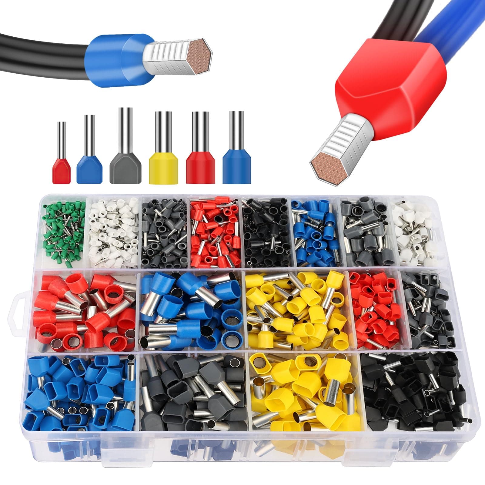 Lytool 1200pcs Twin Wire Ferrule Kit 0.3-16mm² Wire Terminal Ferrule Crimp Connector Dual Boot Race Ferrule Teminator Kit Insulated Cord Pin End Terminals Great Ferrule Kit