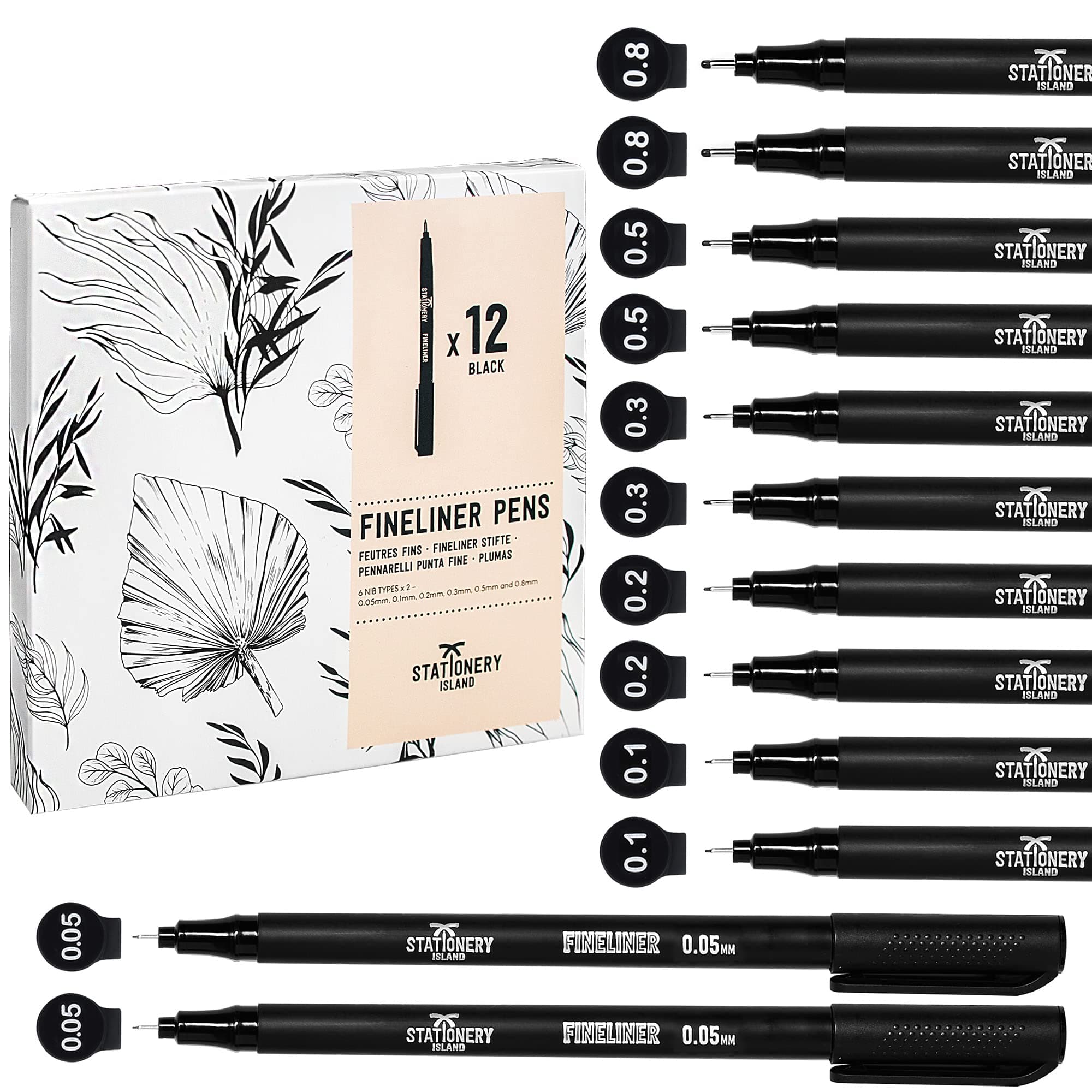 Fineliner Pens Pack Of 12 Black - Assorted Nibs.