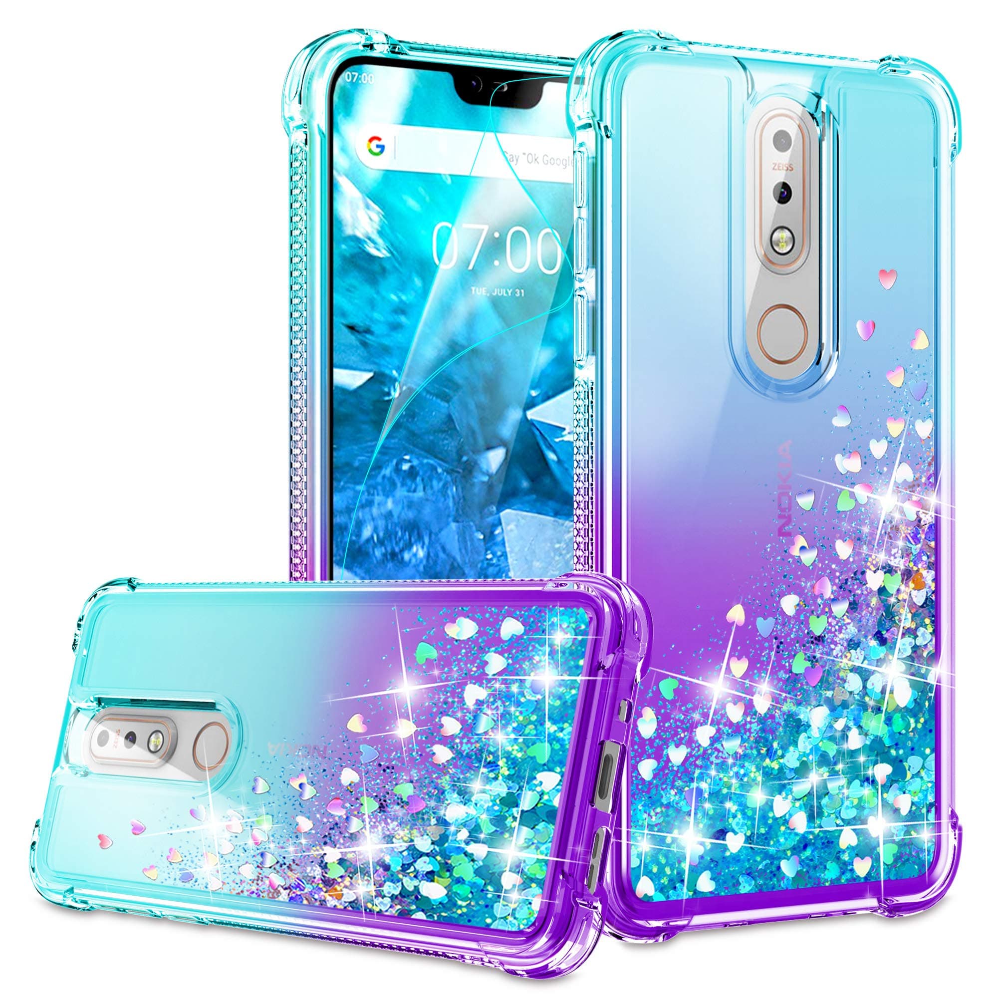 Nokia 7.1 Case, Nokia 7.1 Phone Case with HD Screen Protector for Girls Women, Gritup Cute Clear Gradient Glitter Liquid TPU Slim Phone Case for Nokia 7.1 Teal/Purple