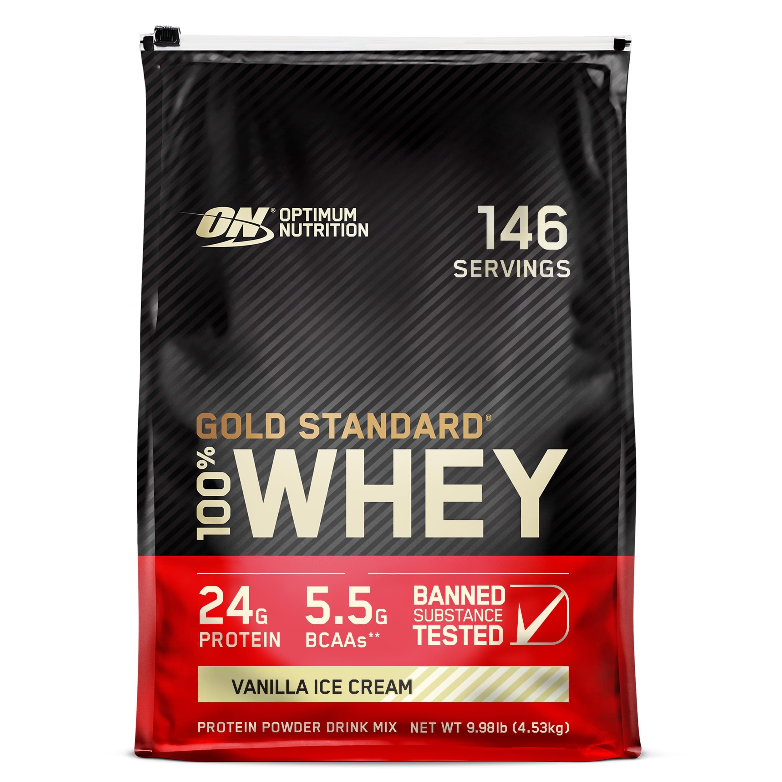 Optimum Nutrition (ON) Gold Standard 100% Whey Protein Powder Primary Source Isolate, 24 Grams of Protein for Muscle Support and Recovery - Vanilla Ice Cream, 10 Lbs, 146 Servings (4.53 KG)