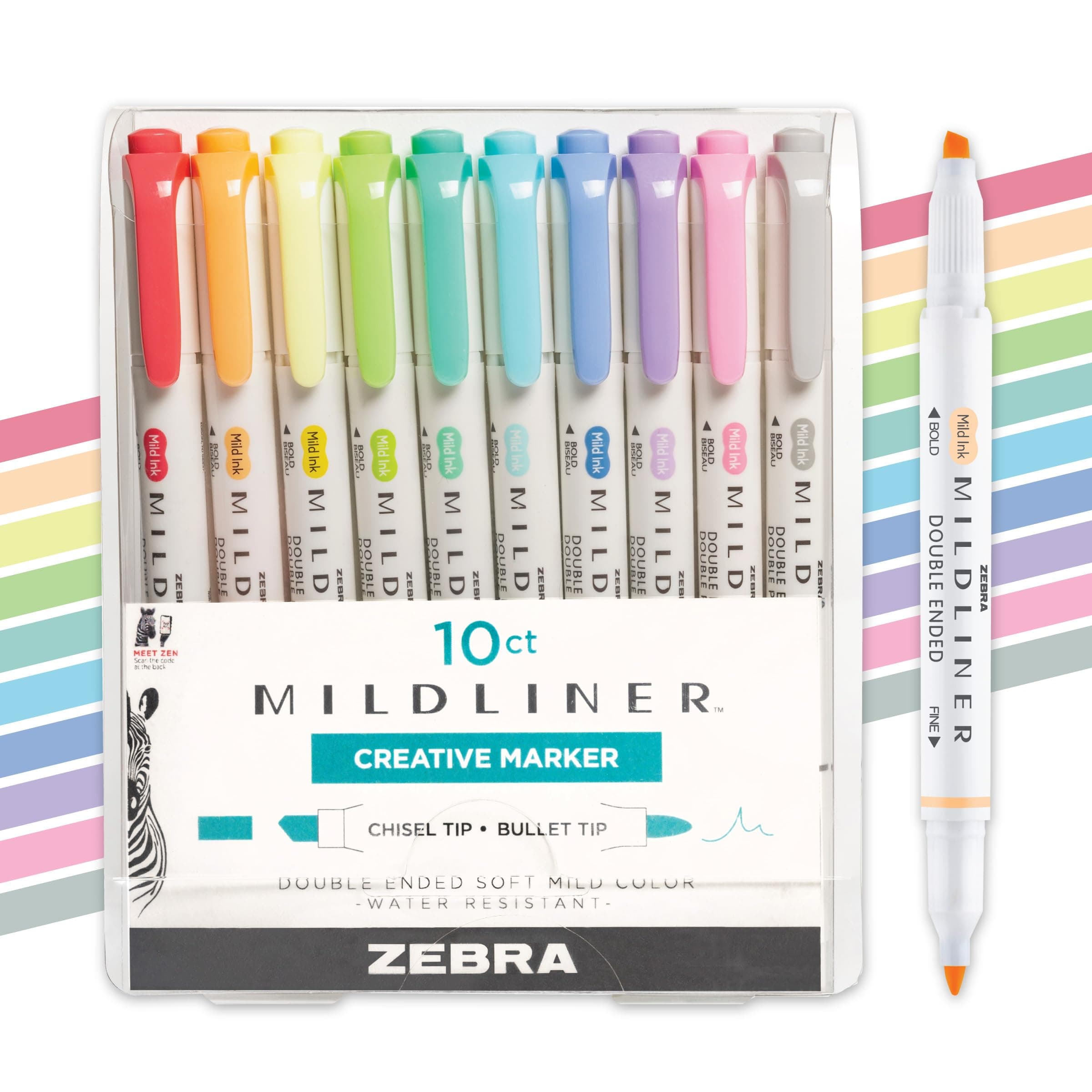 Zebra Pen Mildliner Double Ended Highlighter Set, Broad and Fine Point Tips, Assorted Fluorescent and Cool Ink Colors, 10-Pack